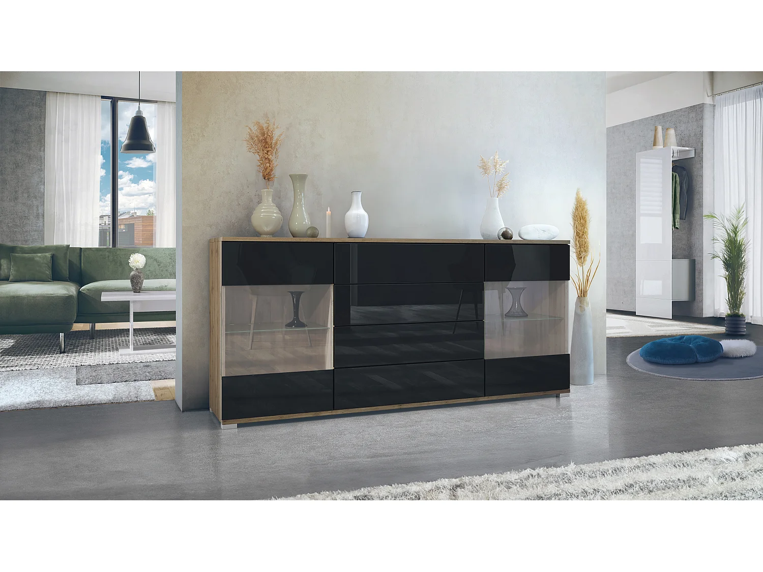 Buffet Bari V2 – Meuble avec 2 Grandes Portes et 4 Tiroirs, Chêne Evoke/noir haute brillance (166,5 x 75,5 x 35)