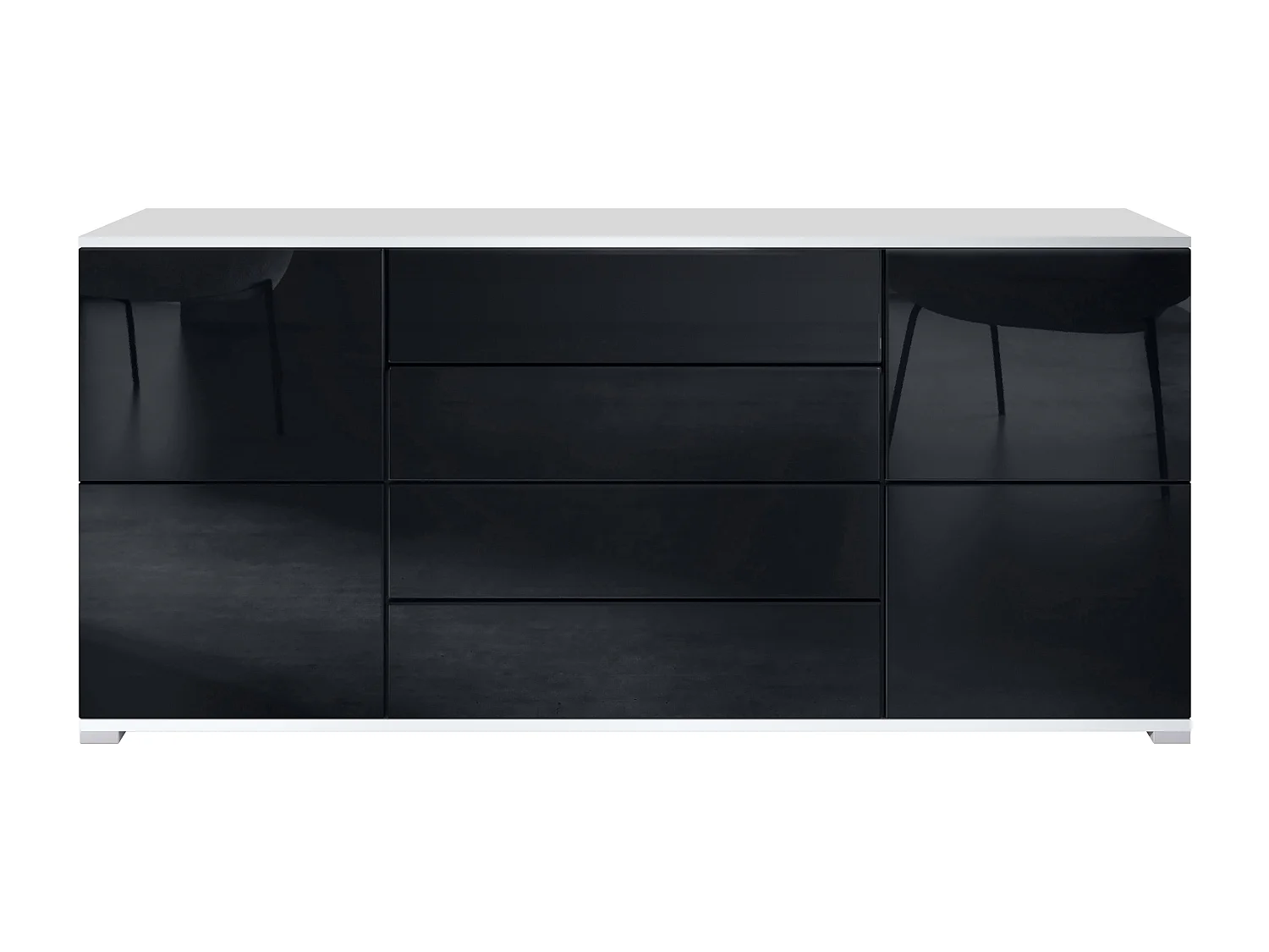 Buffet Rova V2 – Meuble avec 4 Portes et 4 Tiroirs, blanc mat/noir haute brillance (166,5 x 75,5 x 35)