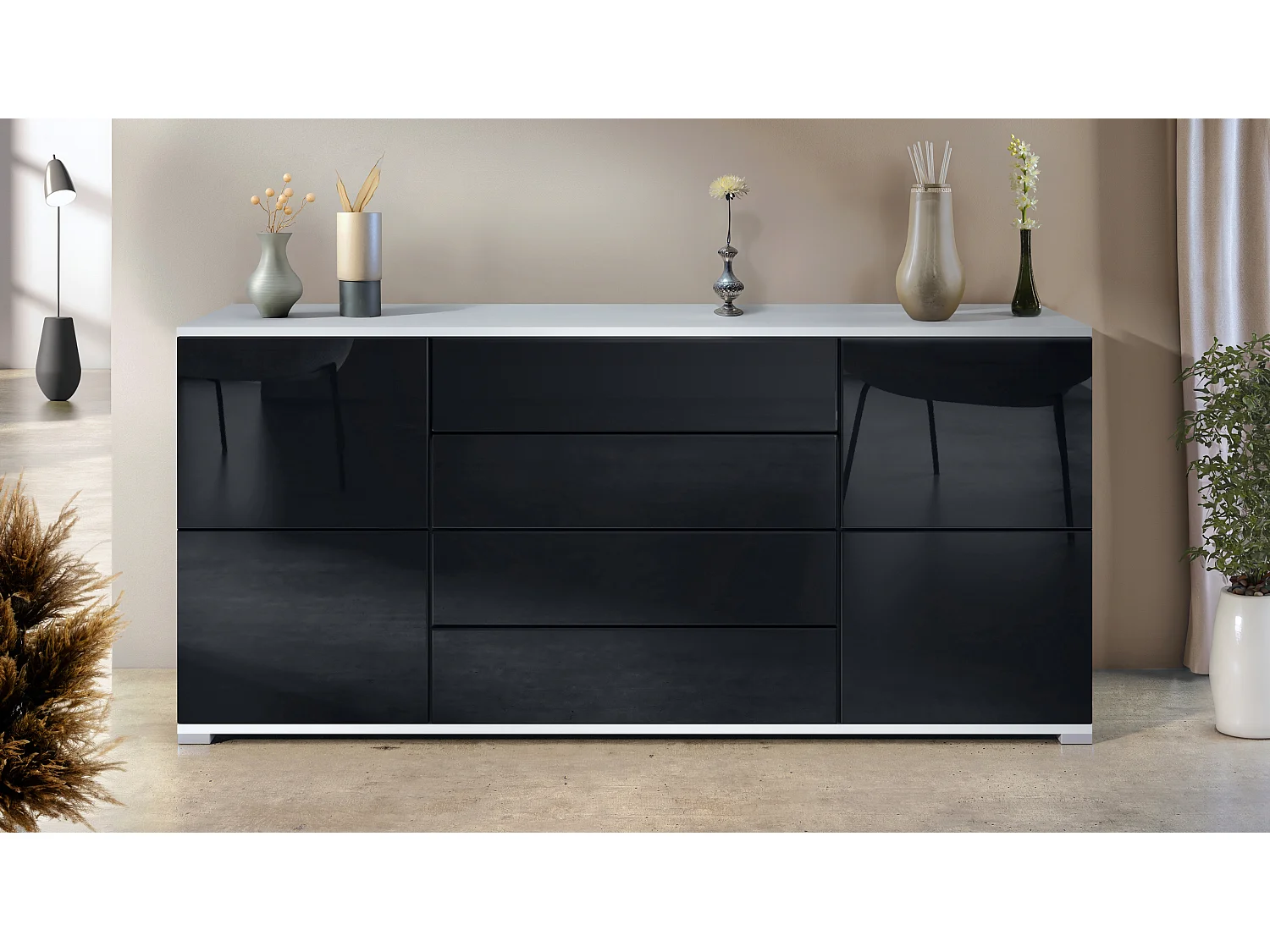 Buffet Rova V2 – Meuble avec 4 Portes et 4 Tiroirs, blanc mat/noir haute brillance (166,5 x 75,5 x 35)