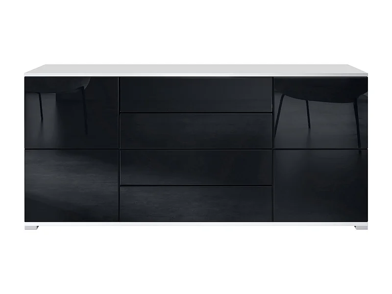 Buffet Rova V2 – Meuble avec 4 Portes et 4 Tiroirs, blanc mat/noir haute brillance (166,5 x 75,5 x 35)