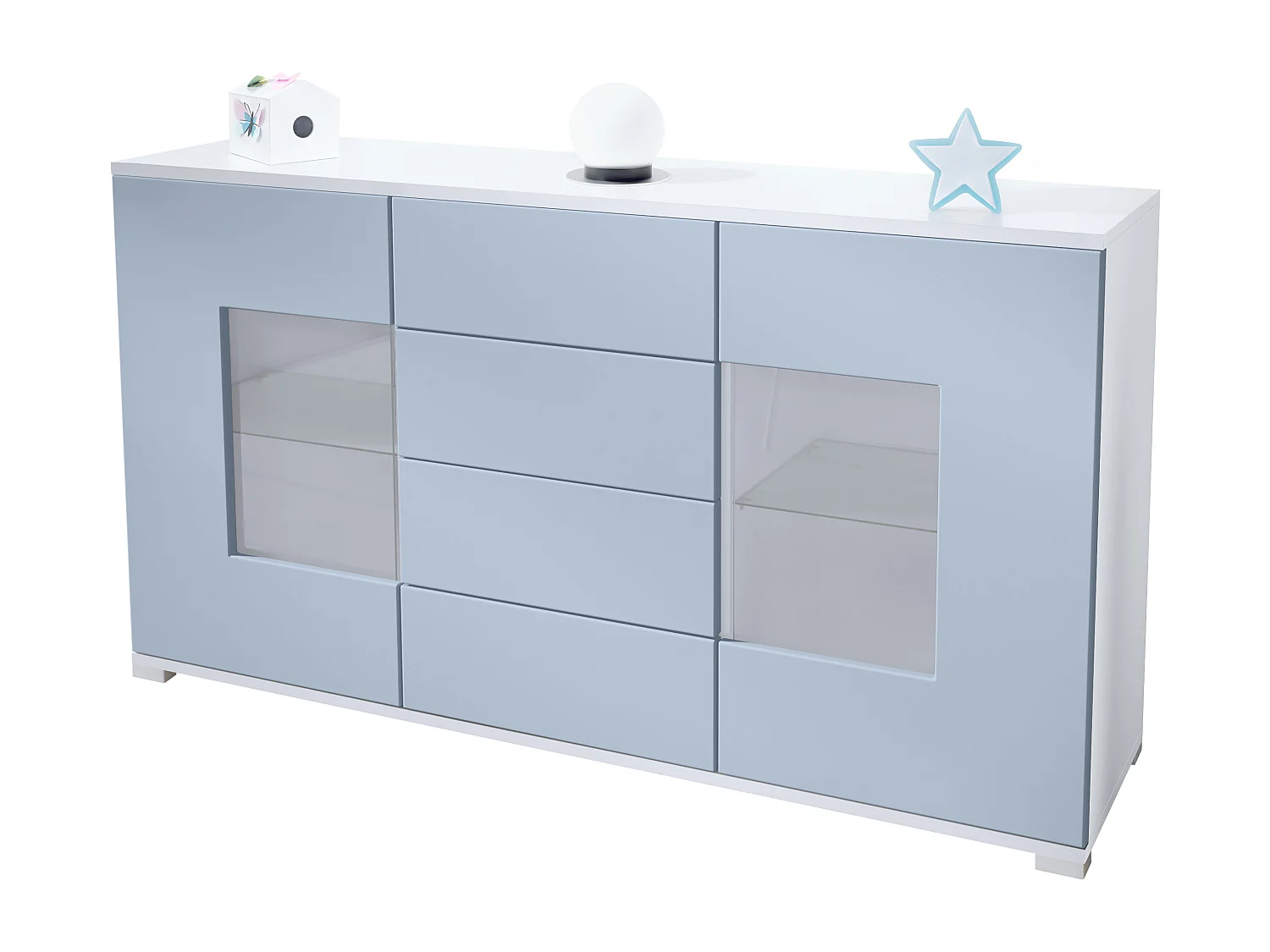 Buffet Grömitz V1 – Meuble avec 2 Grandes Portes et 4 Tiroirs, blanc mat/denim mat (138,5 x 75,5 x 35)
