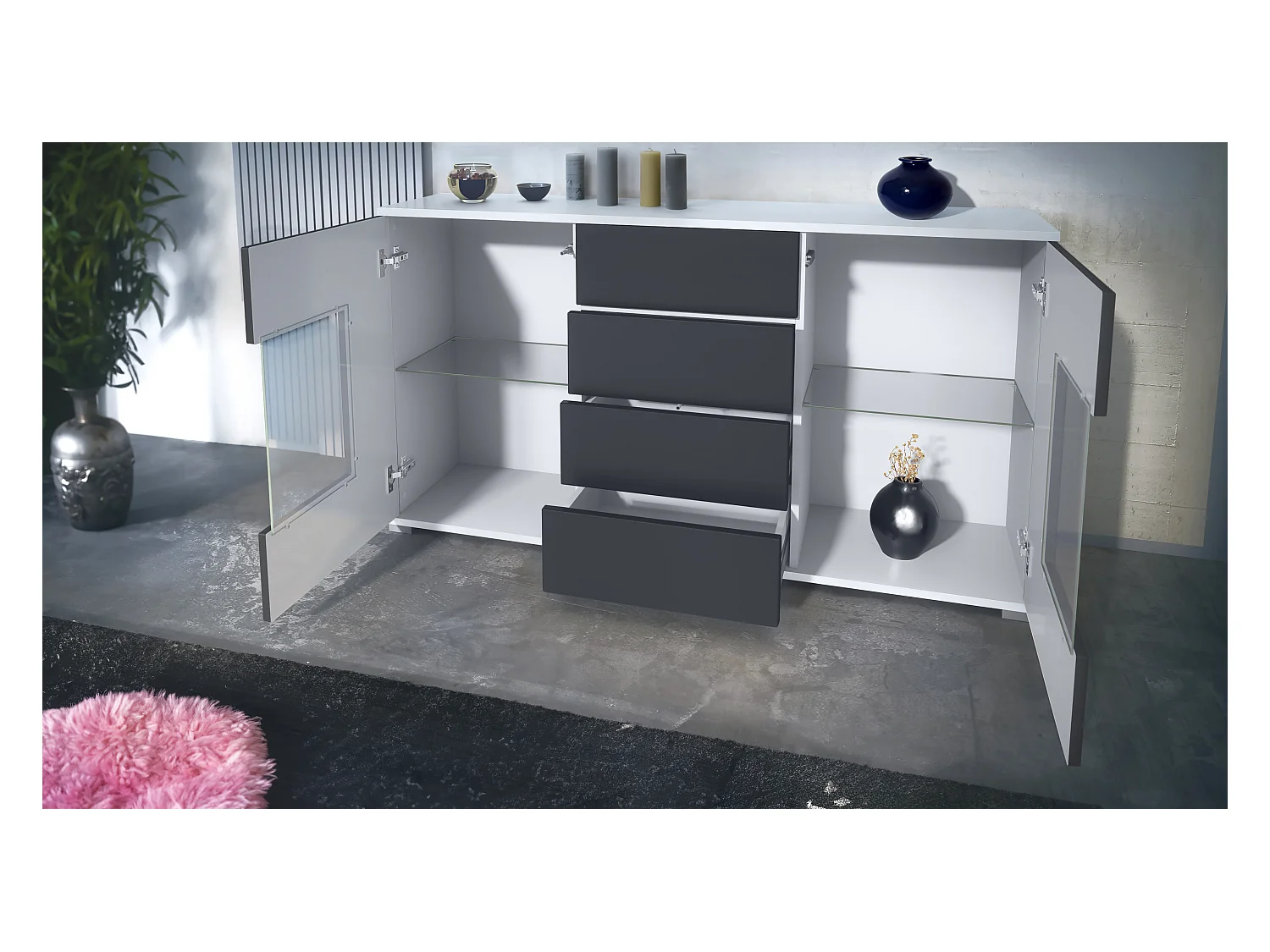 Buffet Grömitz V1 – Meuble avec 2 Grandes Portes et 4 Tiroirs, blanc mat/denim mat (138,5 x 75,5 x 35)