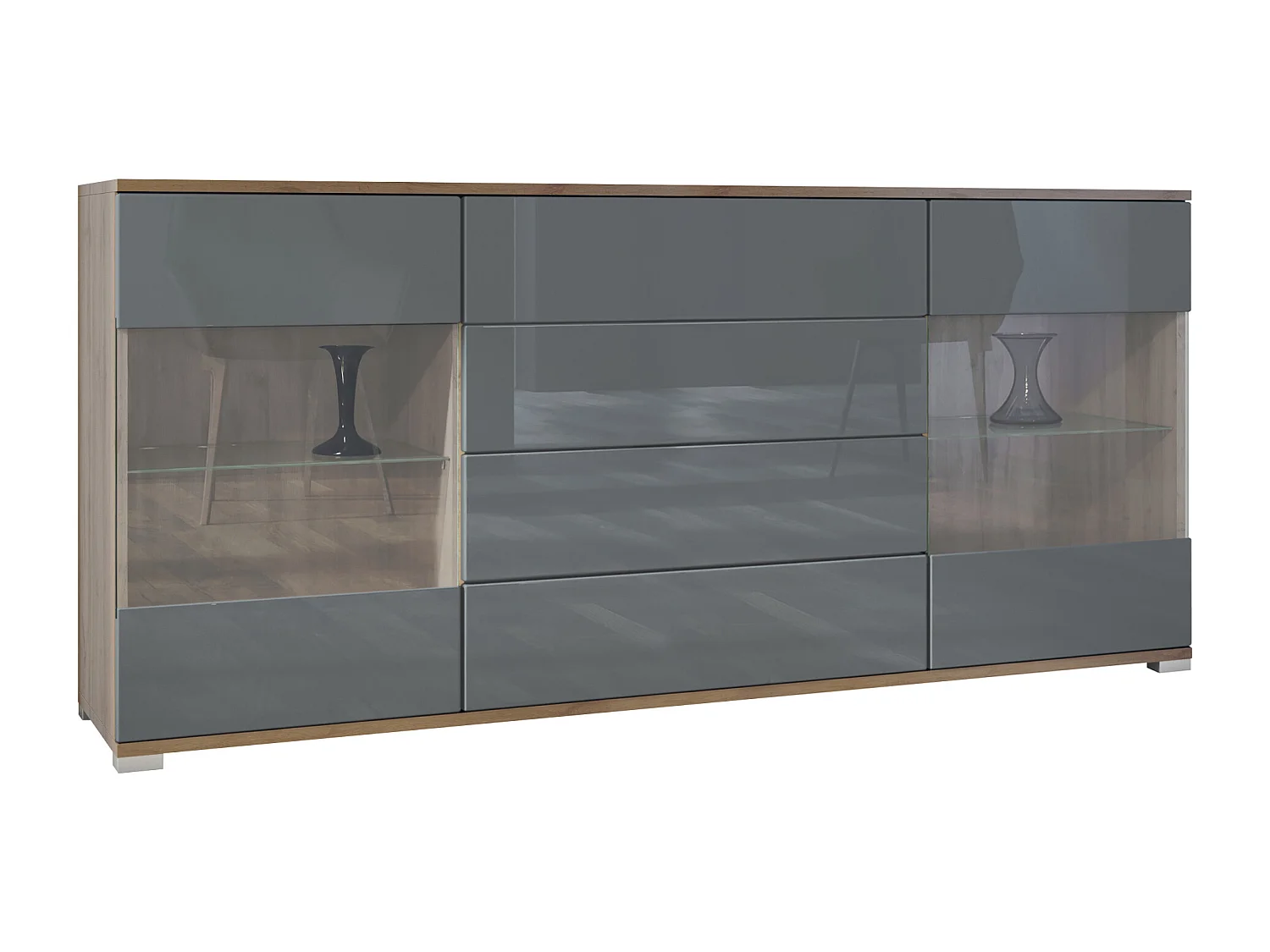 Buffet Bari V2 – Meuble avec 2 Grandes Portes et 4 Tiroirs, Chêne Evoke/gris haute brillance (166,5 x 75,5 x 35)