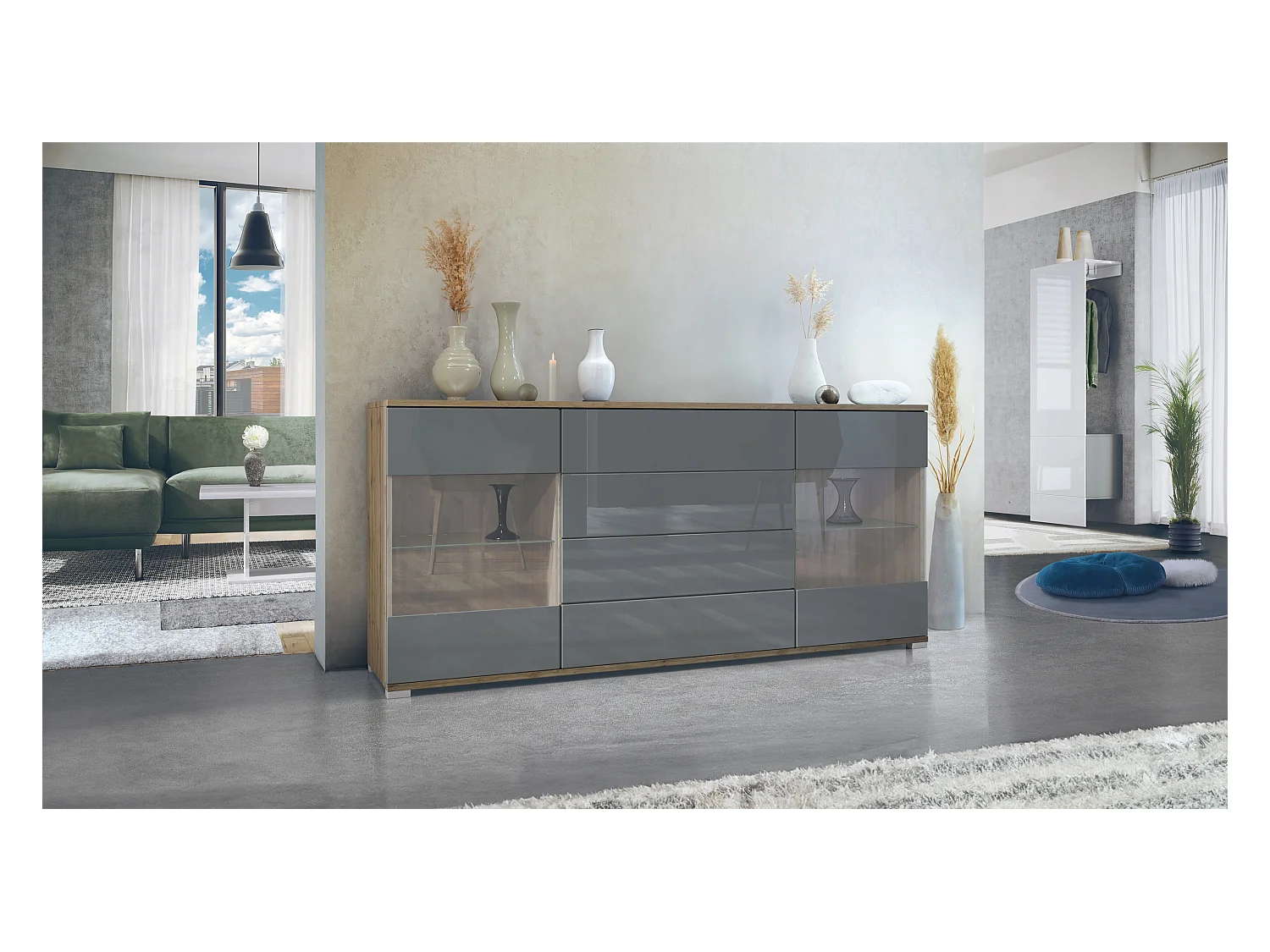 Buffet Bari V2 – Meuble avec 2 Grandes Portes et 4 Tiroirs, Chêne Evoke/gris haute brillance (166,5 x 75,5 x 35)