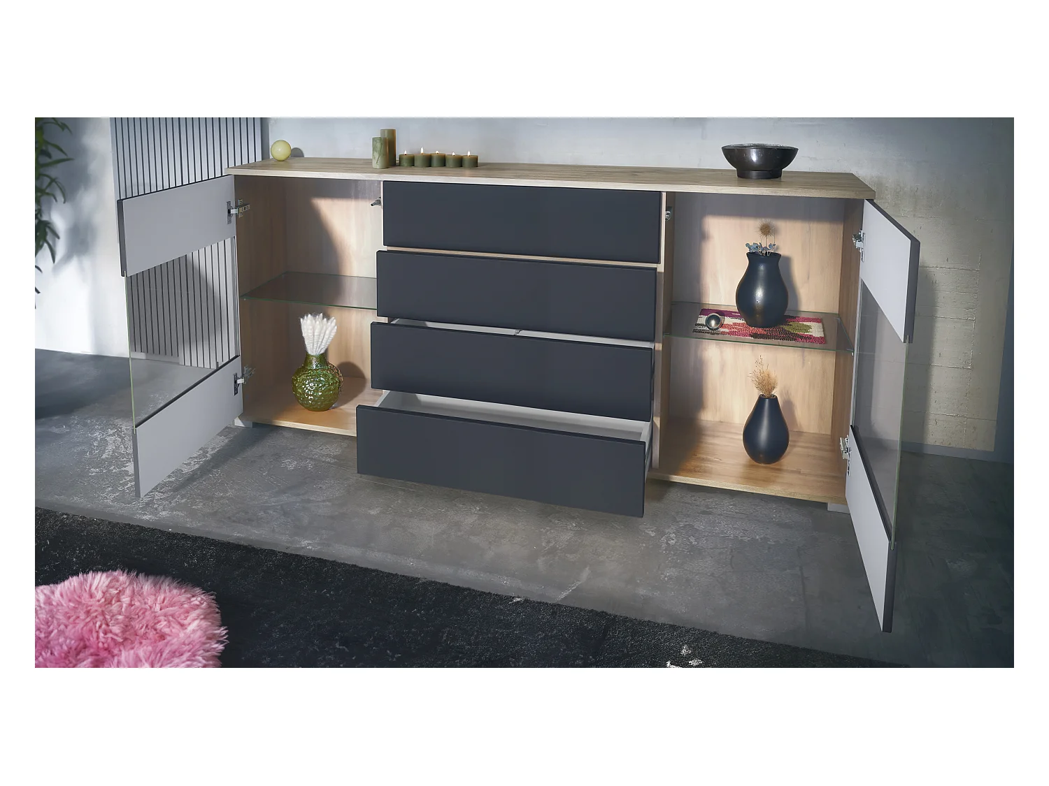 Buffet Bari V2 – Meuble avec 2 Grandes Portes et 4 Tiroirs, Chêne Evoke/gris haute brillance (166,5 x 75,5 x 35)