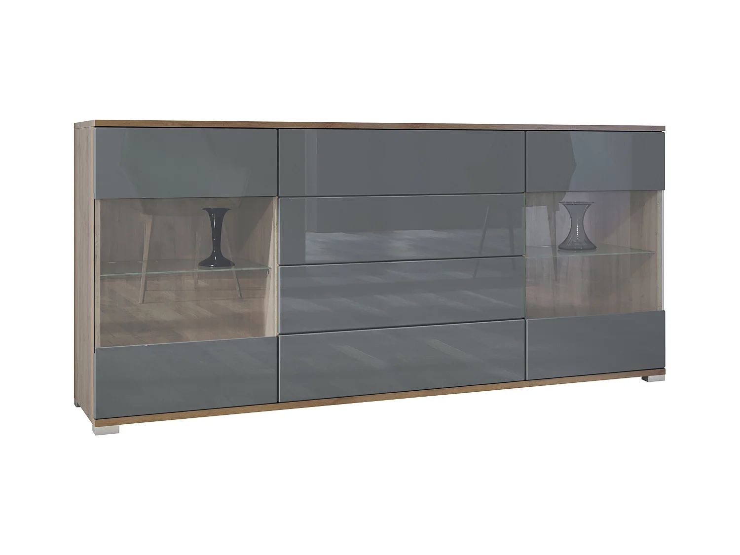 Buffet Bari V2 – Meuble avec 2 Grandes Portes et 4 Tiroirs, Chêne Evoke/gris haute brillance (166,5 x 75,5 x 35)