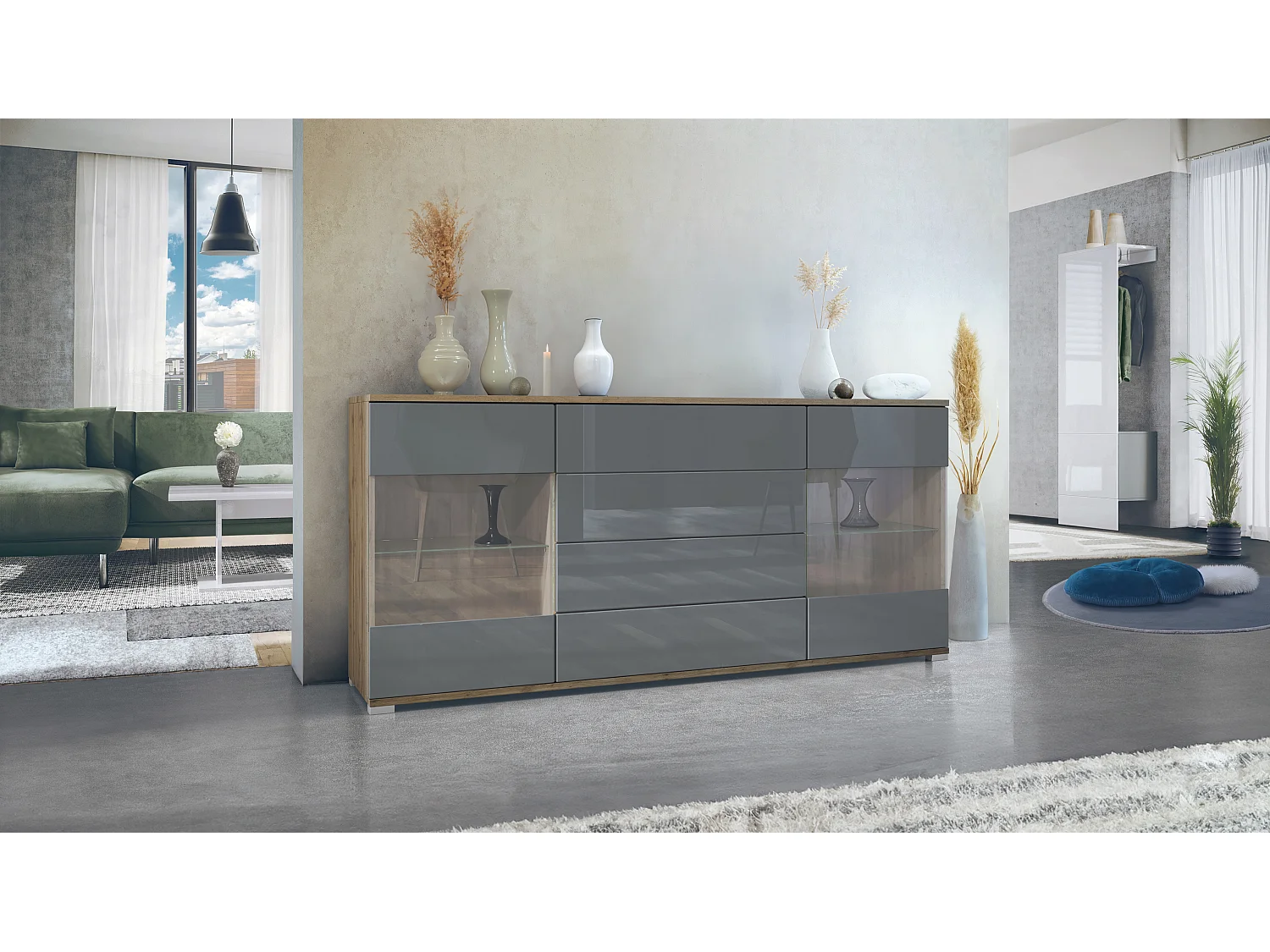 Buffet Bari V2 – Meuble avec 2 Grandes Portes et 4 Tiroirs, Chêne Evoke/gris haute brillance (166,5 x 75,5 x 35)