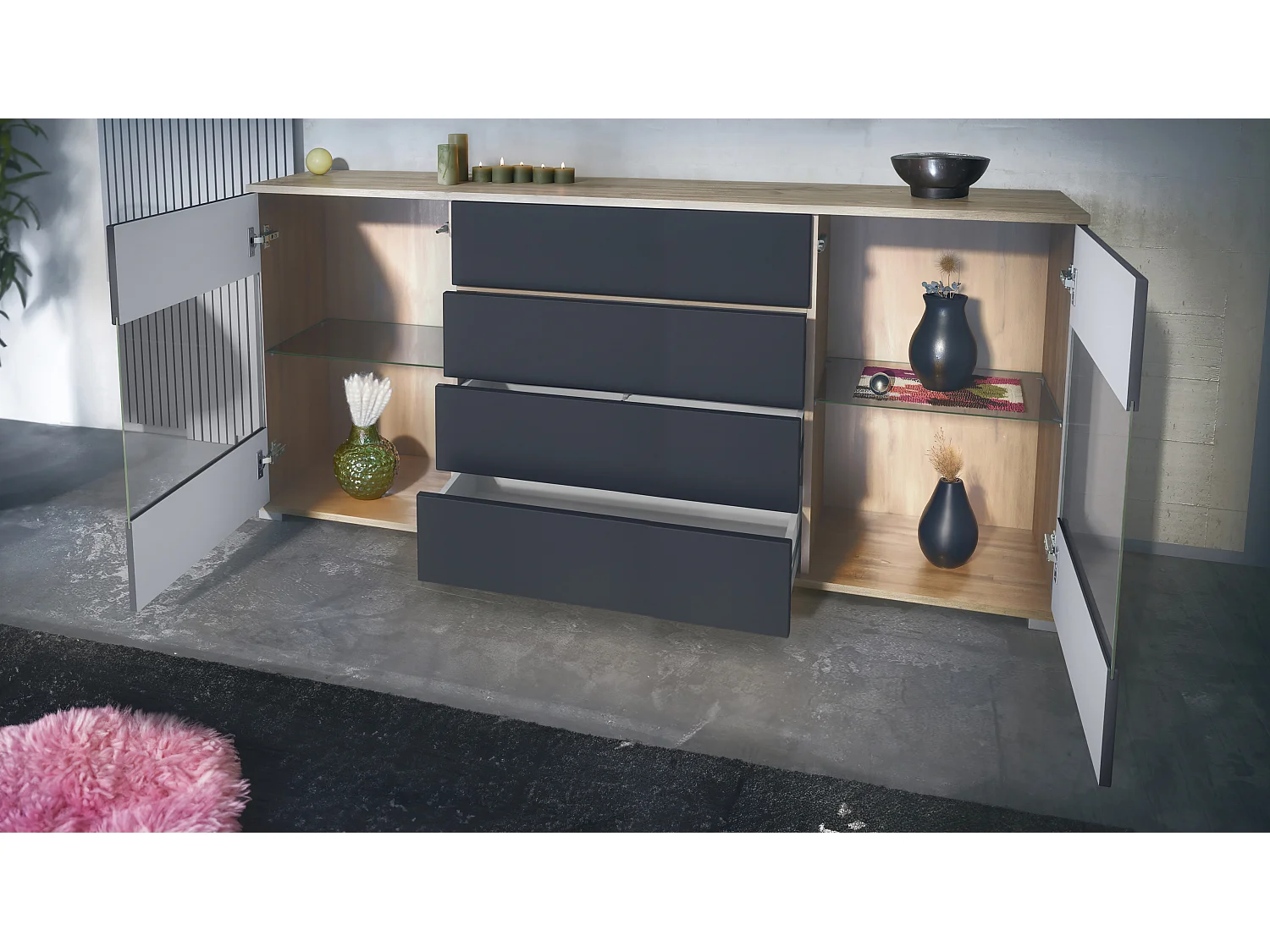 Buffet Bari V2 – Meuble avec 2 Grandes Portes et 4 Tiroirs, Chêne Evoke/gris haute brillance (166,5 x 75,5 x 35)