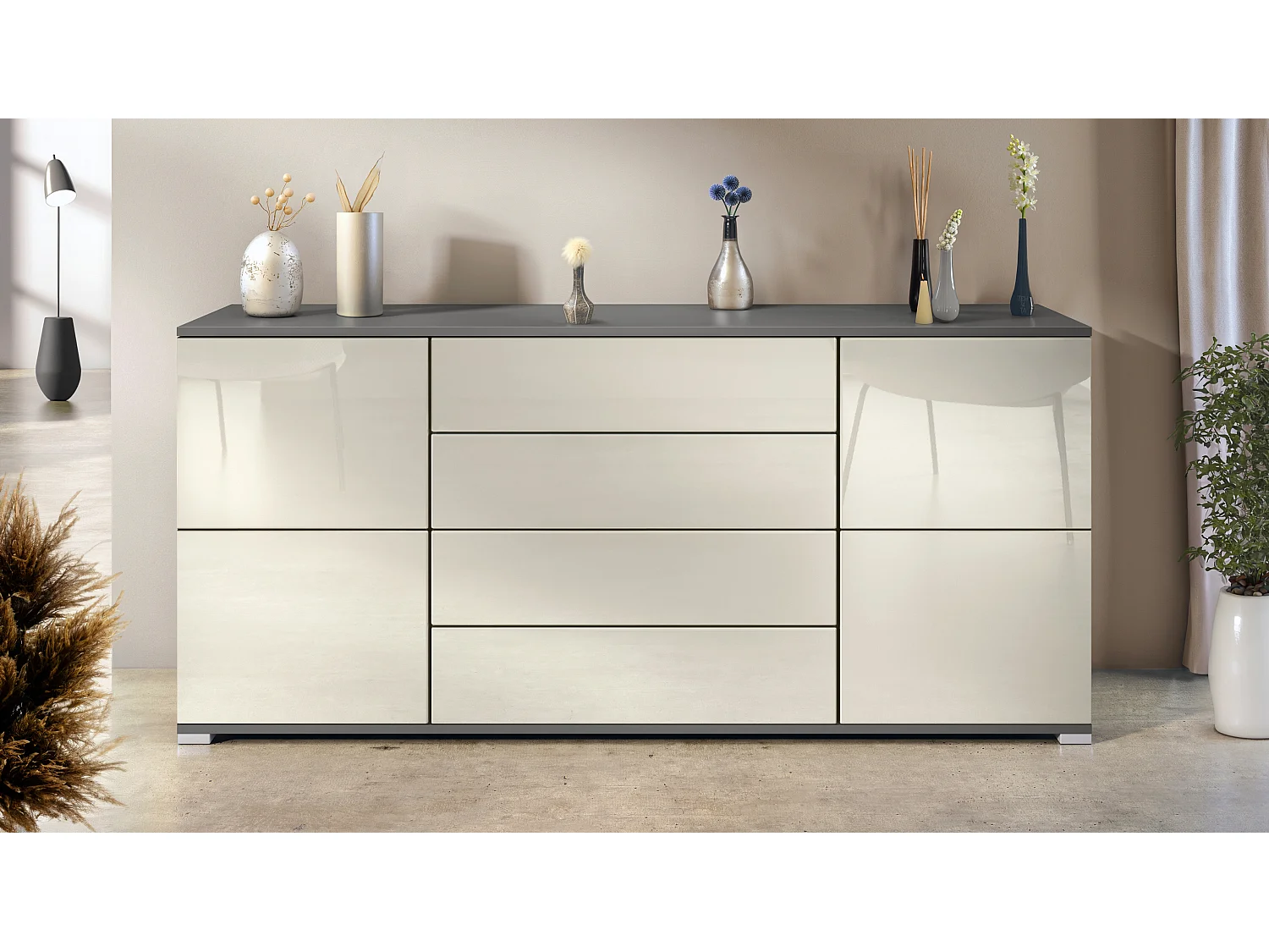 Buffet Rova V2 – Meuble avec 4 Portes et 4 Tiroirs, anthracite mat/crème haute brillance (166,5 x 75,5 x 35)