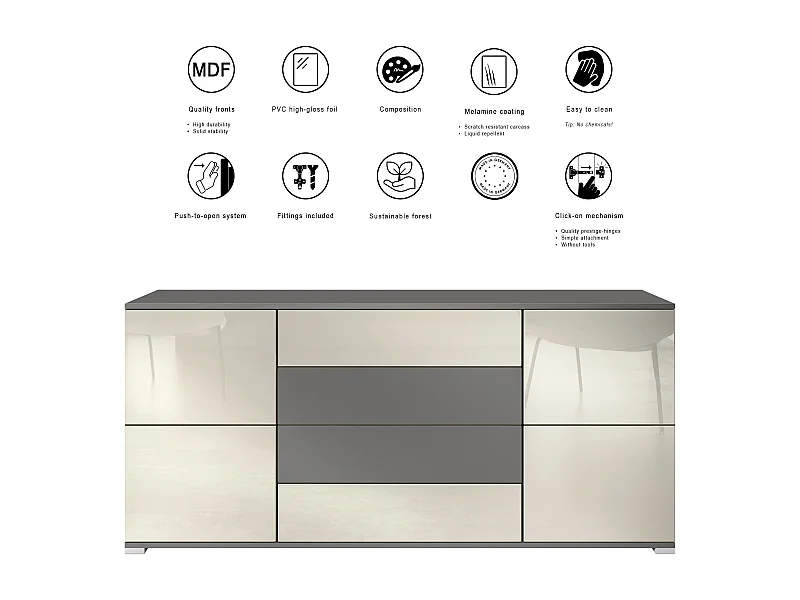 Credenza Rova V2 – Mobile con 4 Ante e 4 Cassetti, antracite opaco /beige lucido (166,5 x 75,5 x 35)