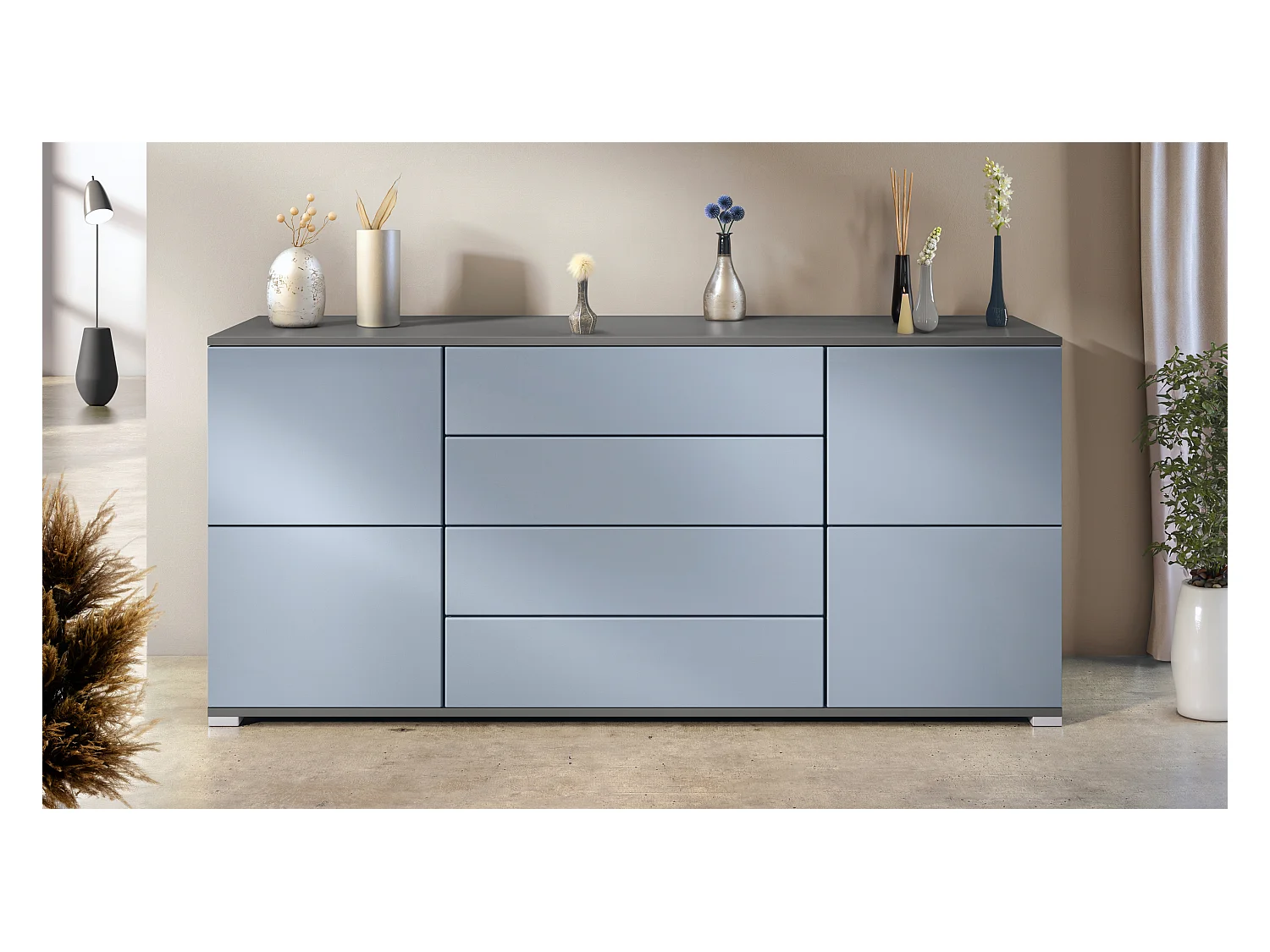 Buffet Rova V2 – Meuble avec 4 Portes et 4 Tiroirs, anthracite mat/denim mat (166,5 x 75,5 x 35)