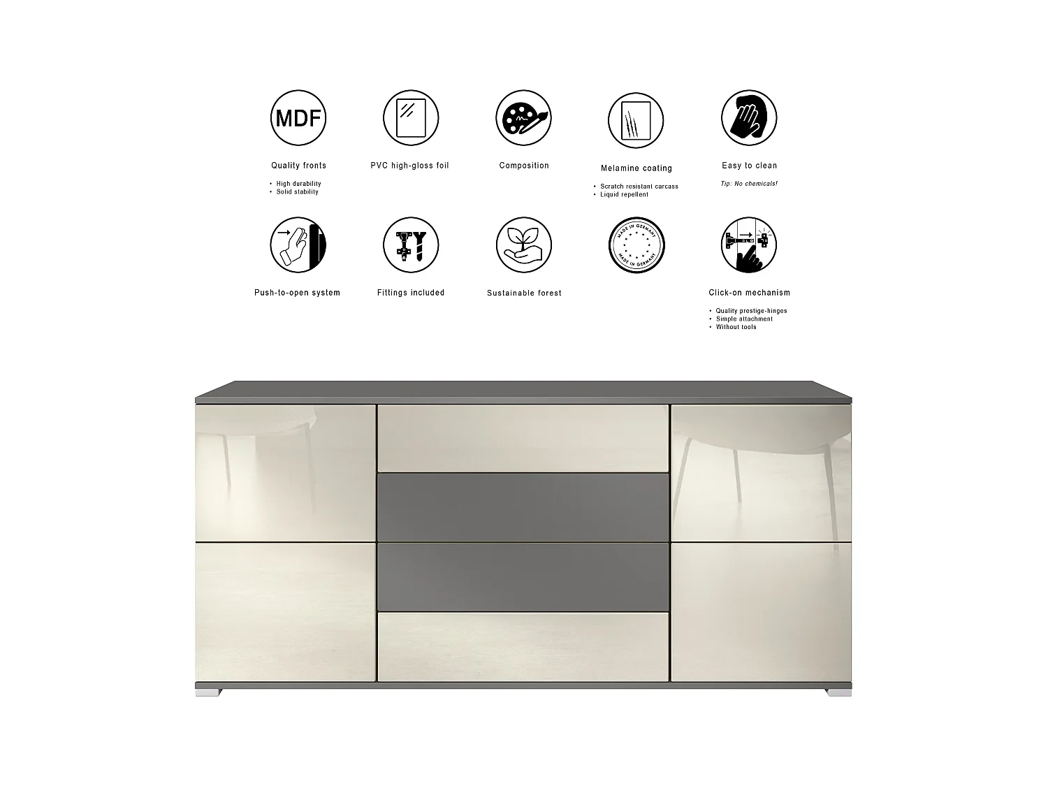 Buffet Rova V2 – Meuble avec 4 Portes et 4 Tiroirs, anthracite mat/denim mat (166,5 x 75,5 x 35)