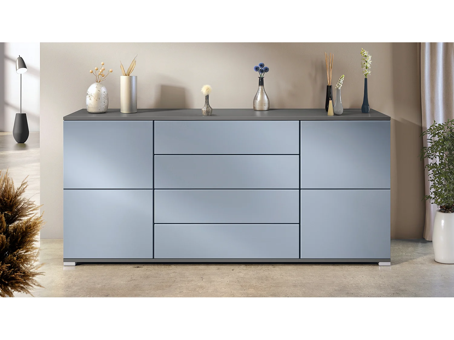 Buffet Rova V2 – Meuble avec 4 Portes et 4 Tiroirs, anthracite mat/denim mat (166,5 x 75,5 x 35)