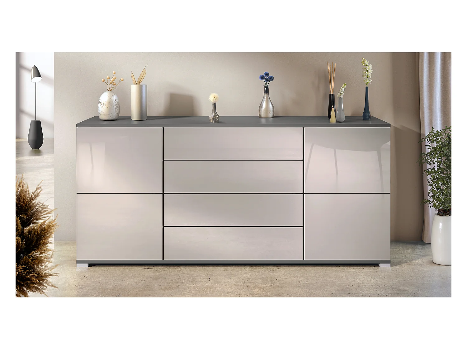 Buffet Rova V2 – Meuble avec 4 Portes et 4 Tiroirs, anthracite mat/gris sable haute brillance (166,5 x 75,5 x 35)