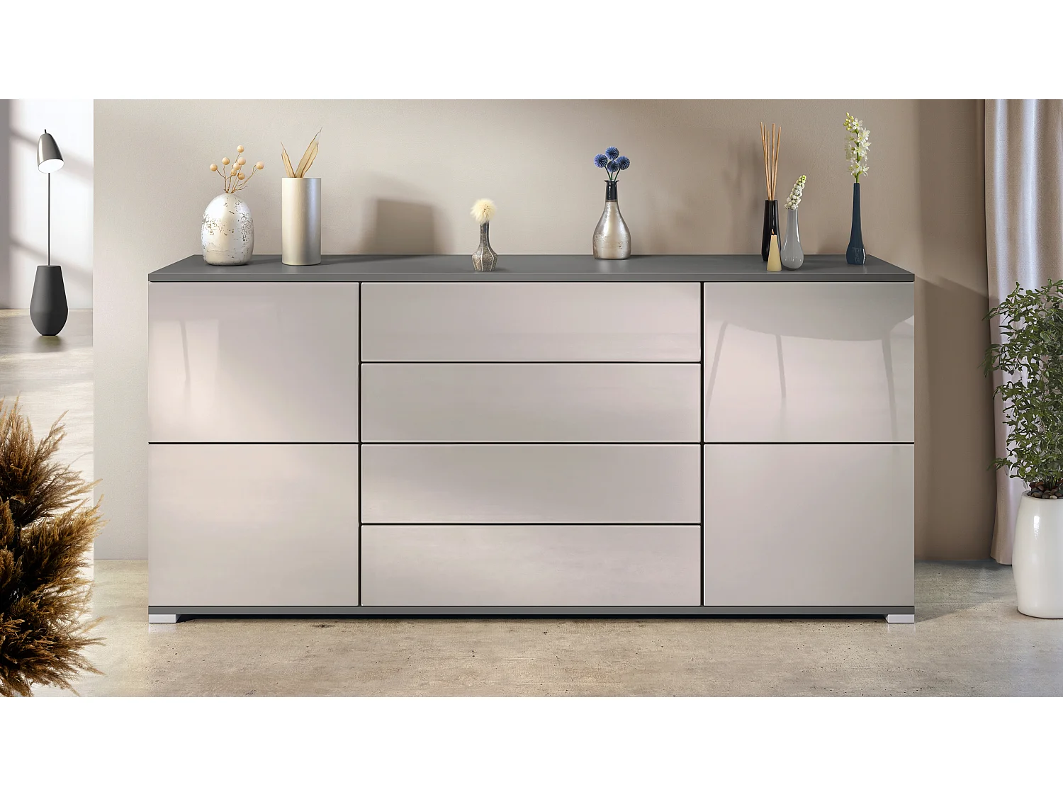 Buffet Rova V2 – Meuble avec 4 Portes et 4 Tiroirs, anthracite mat/gris sable haute brillance (166,5 x 75,5 x 35)