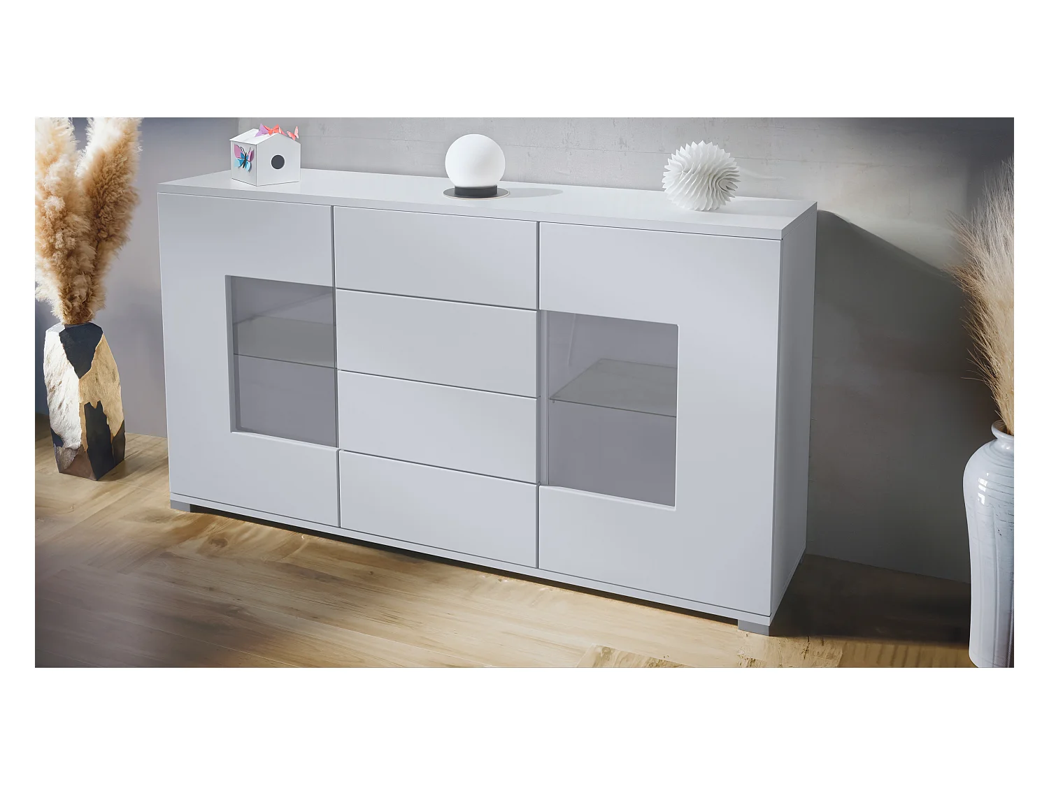 Buffet Grömitz V1 – Meuble avec 2 Grandes Portes et 4 Tiroirs, blanc mat/blanc mat (138,5 x 75,5 x 35)