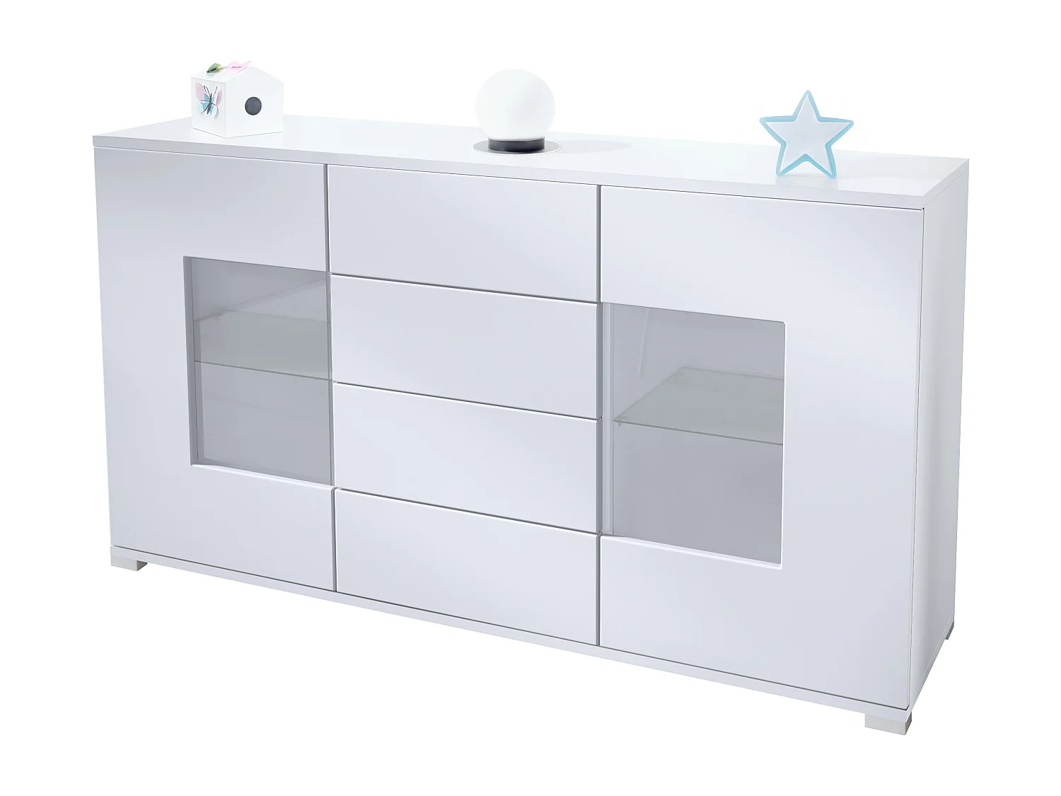Buffet Grömitz V1 – Meuble avec 2 Grandes Portes et 4 Tiroirs, blanc mat/blanc mat (138,5 x 75,5 x 35)