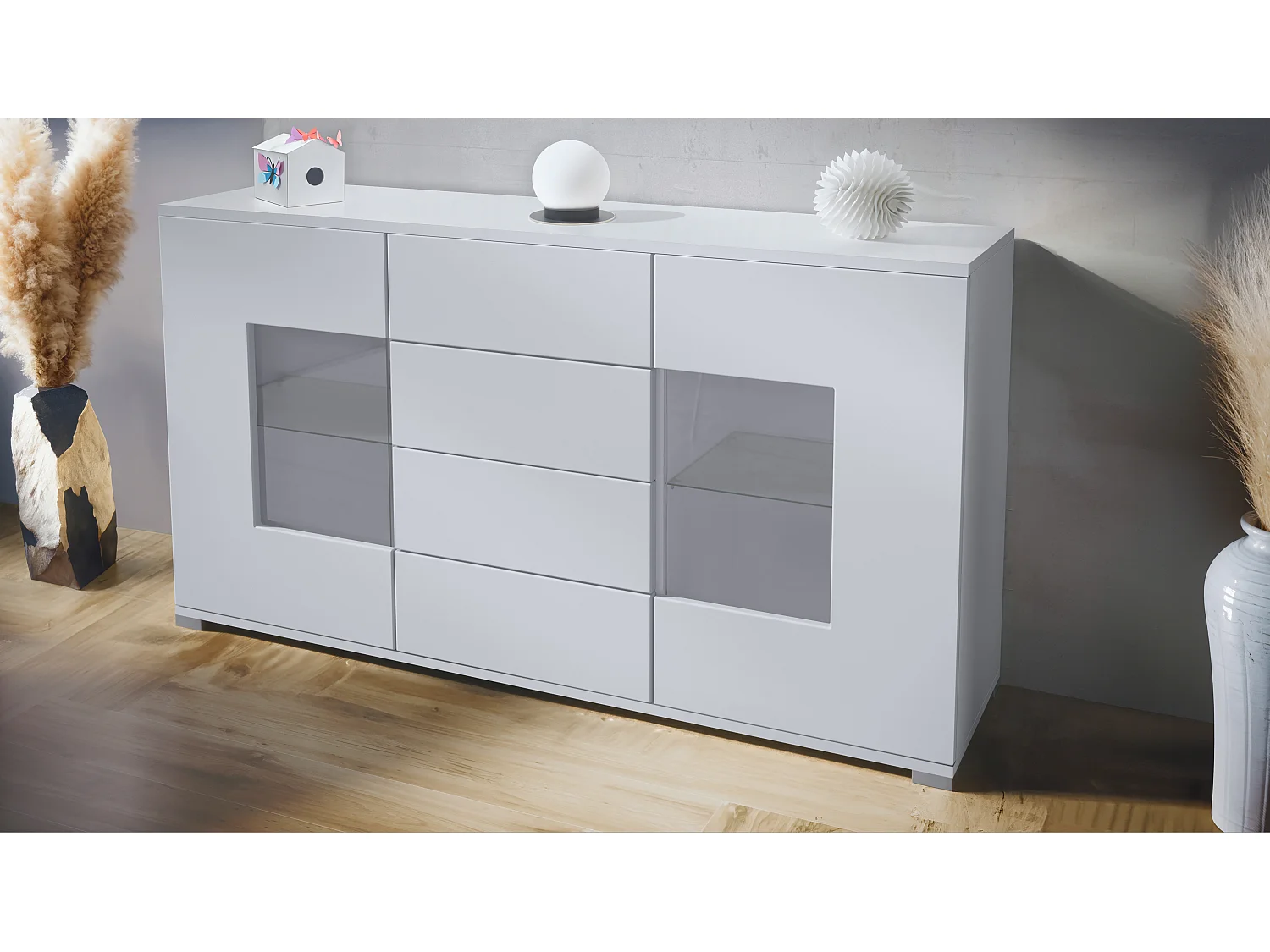 Buffet Grömitz V1 – Meuble avec 2 Grandes Portes et 4 Tiroirs, blanc mat/blanc mat (138,5 x 75,5 x 35)