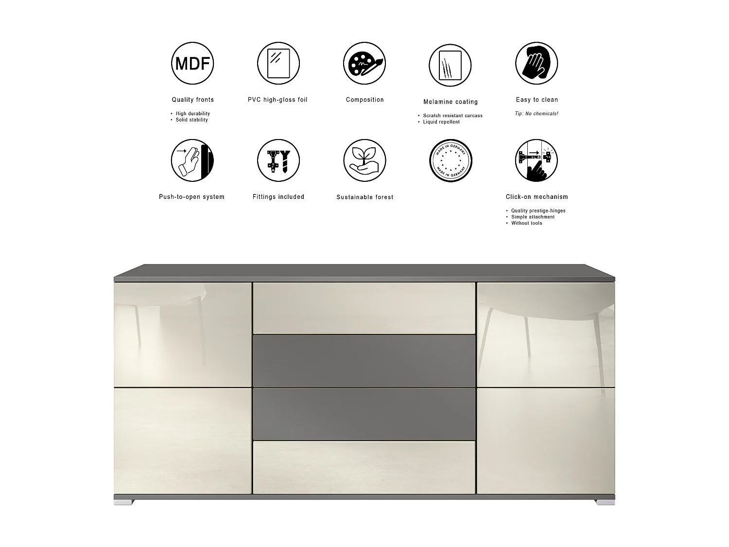 Buffet Rova V2 – Meuble avec 4 Portes et 4 Tiroirs, anthracite mat/gris haute brillance (166,5 x 75,5 x 35)