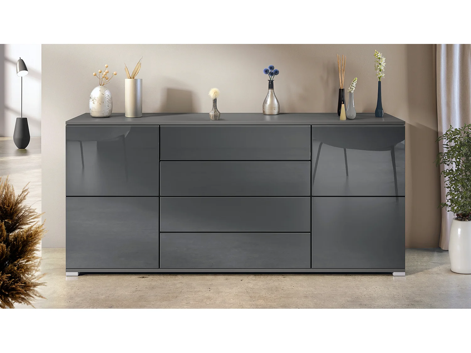 Buffet Rova V2 – Meuble avec 4 Portes et 4 Tiroirs, anthracite mat/gris haute brillance (166,5 x 75,5 x 35)