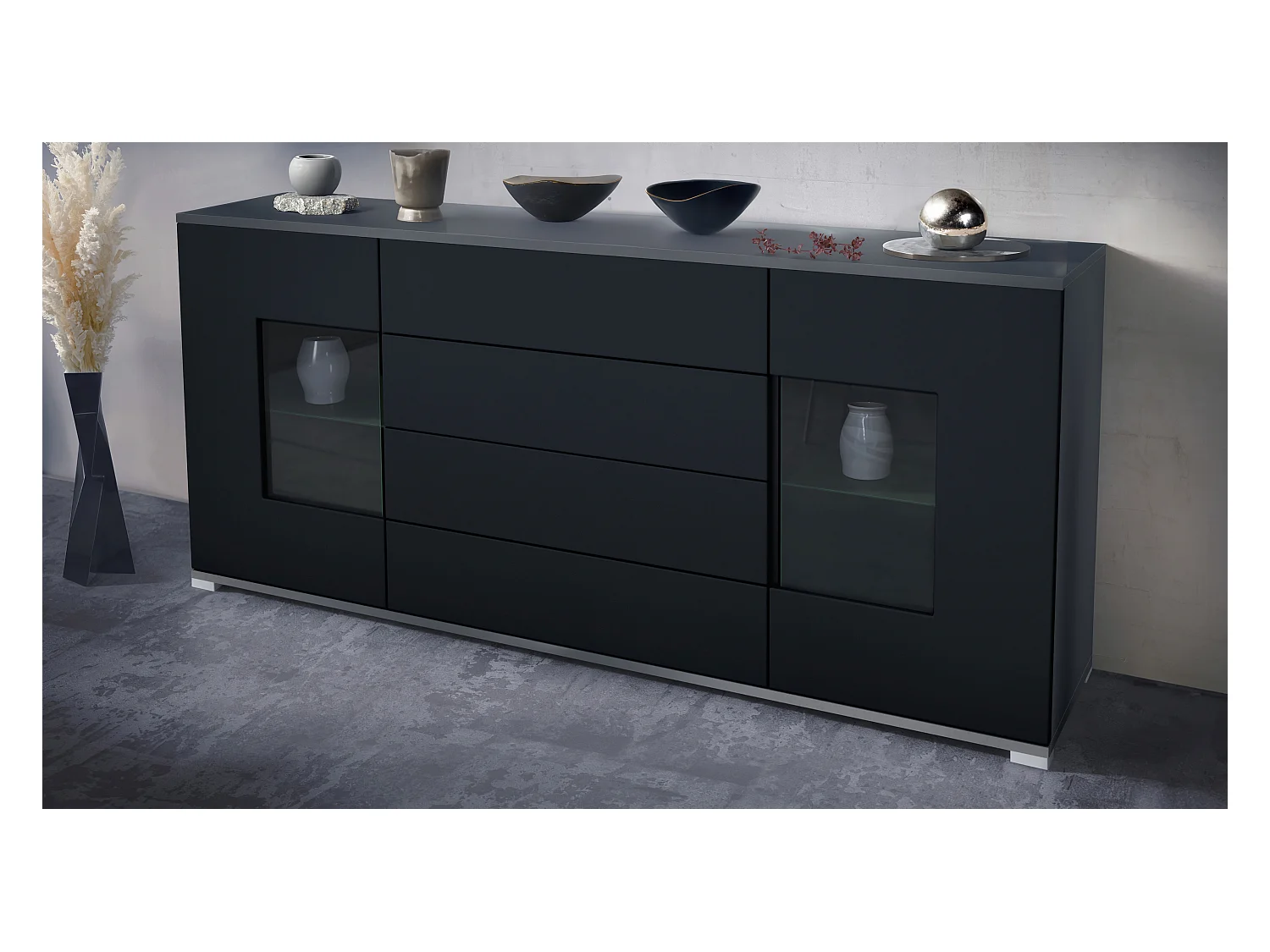 Buffet Grömitz V2 – Meuble avec 2 Grandes Portes et 4 Tiroirs, anthracite mat/noir mat (166,5 x 75,5 x 35)