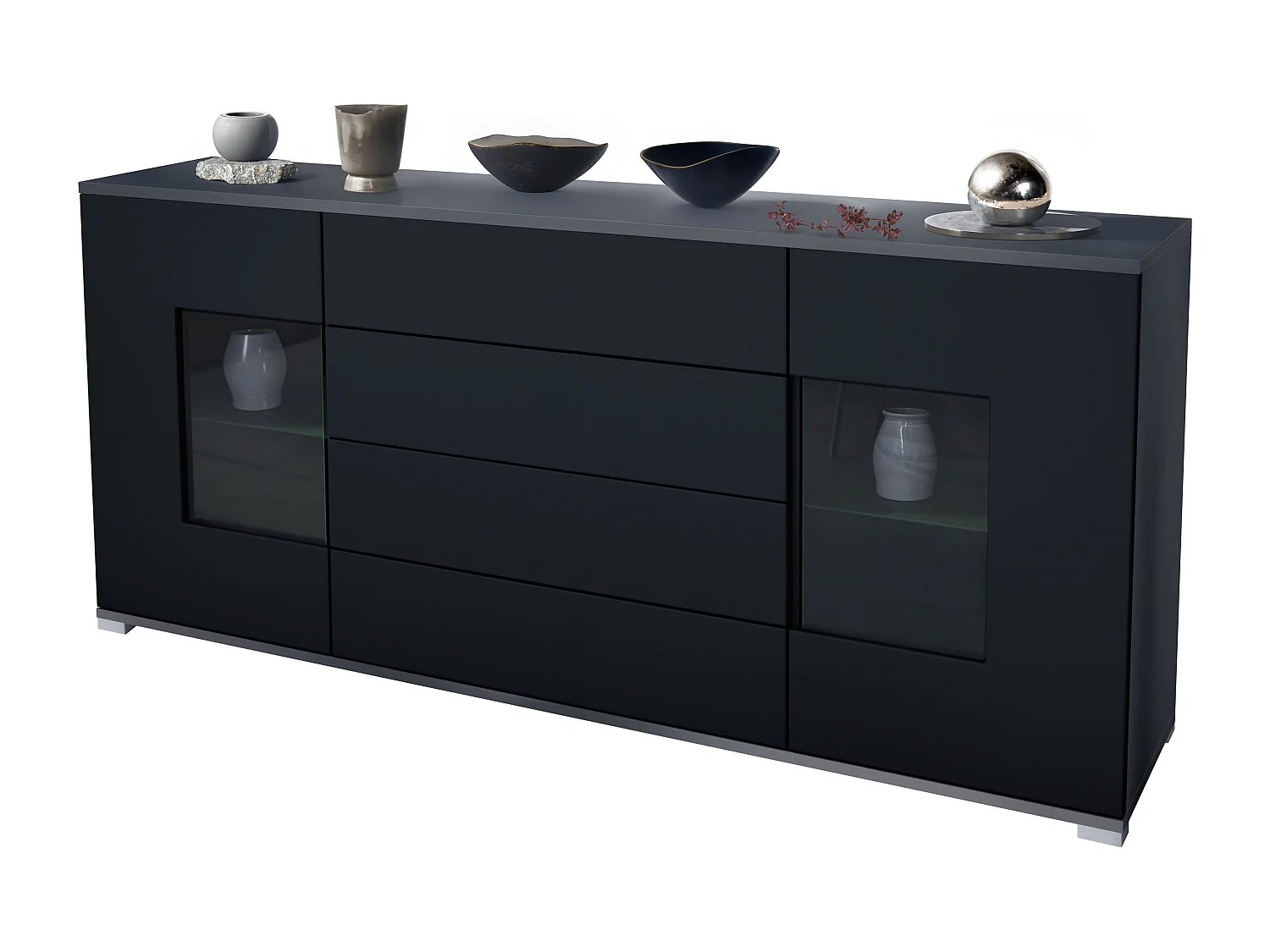 Buffet Grömitz V2 – Meuble avec 2 Grandes Portes et 4 Tiroirs, anthracite mat/noir mat (166,5 x 75,5 x 35)