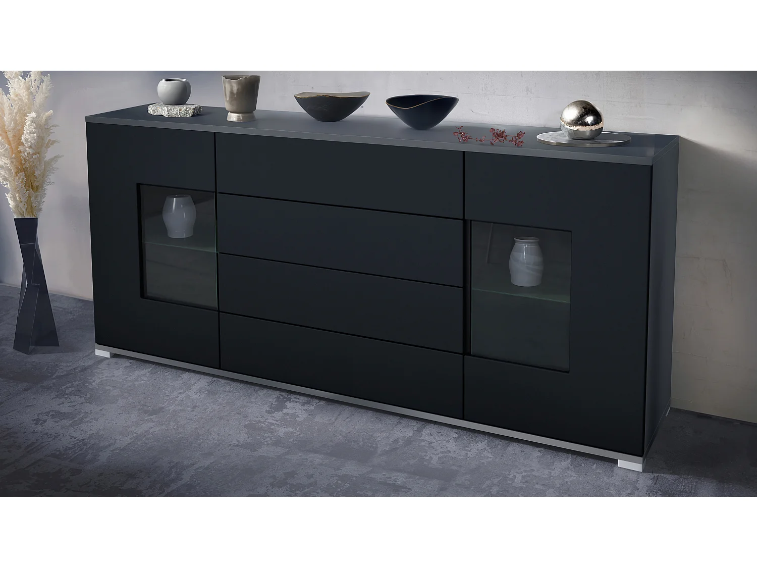 Buffet Grömitz V2 – Meuble avec 2 Grandes Portes et 4 Tiroirs, anthracite mat/noir mat (166,5 x 75,5 x 35)