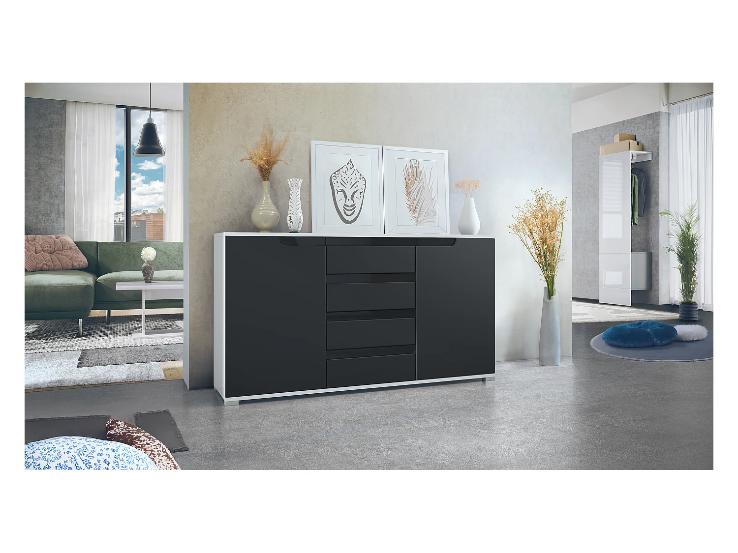 Buffet Dressoir Sylt, Corps en Noir mat / Façades en noir mat avec un decor en noir haute brillance (139 x 72 x 35)