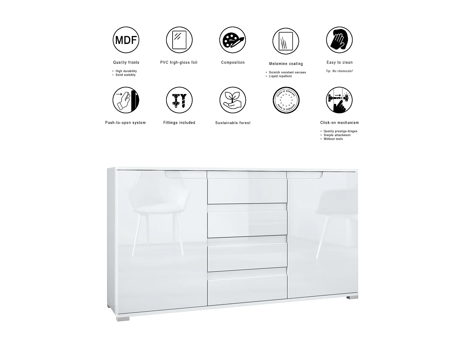 Buffet Dressoir Sylt, Corps en Noir mat / Façades en noir mat avec un decor en noir haute brillance (139 x 72 x 35)