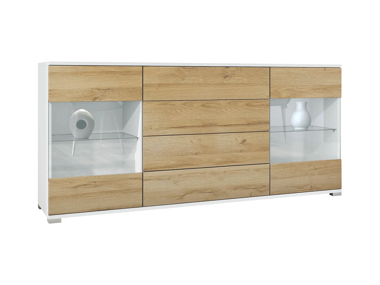 Buffet Bari V2 – Meuble avec 2 Grandes Portes et 4 Tiroirs, blanc mat/chêne nature (166,5 x 75,5 x 35)