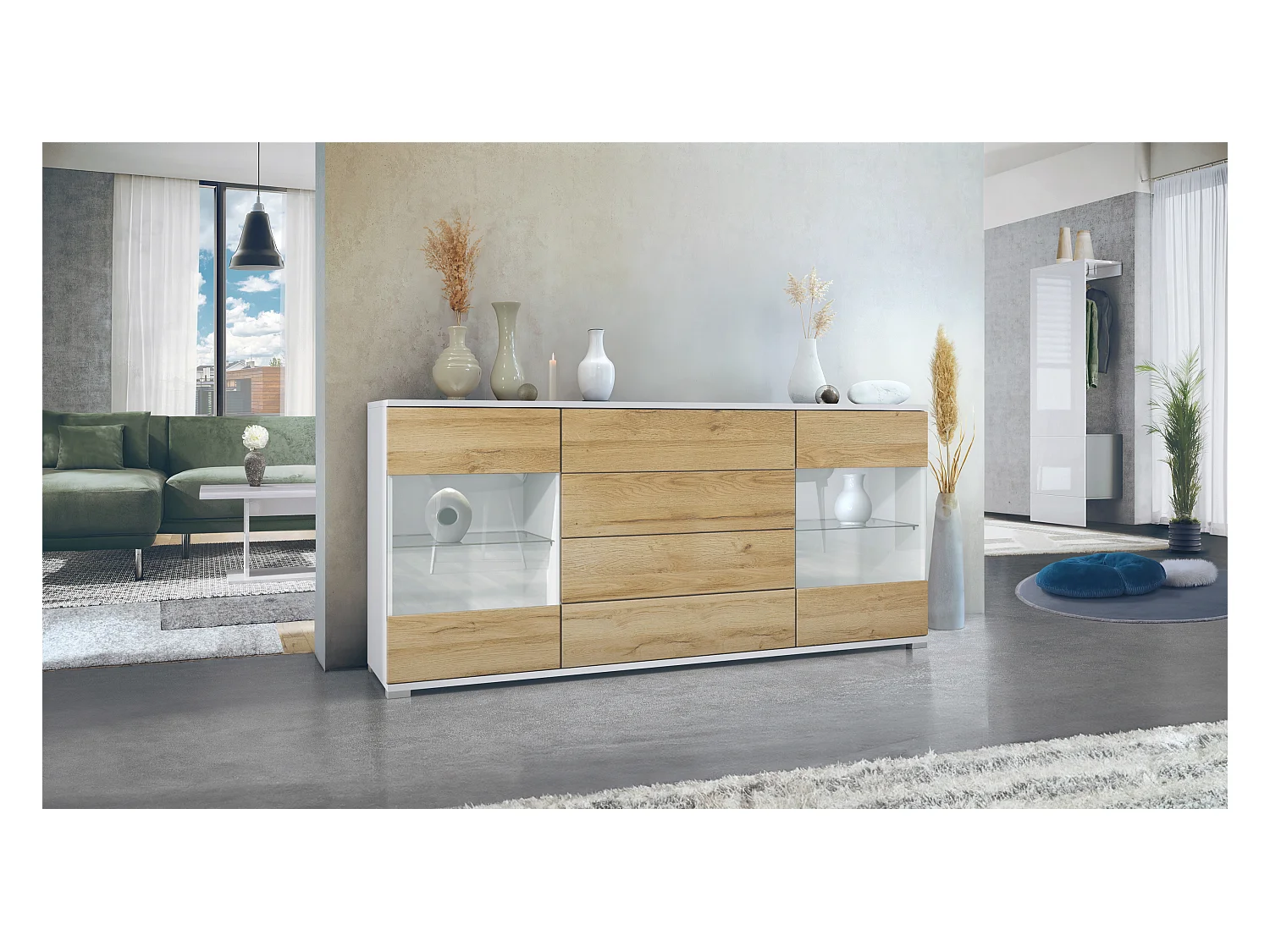 Buffet Bari V2 – Meuble avec 2 Grandes Portes et 4 Tiroirs, blanc mat/chêne nature (166,5 x 75,5 x 35)