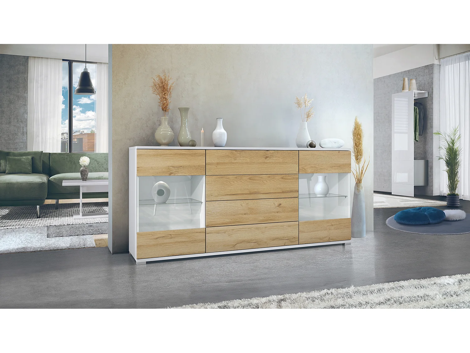 Credenza Bari  V2 – Mobile con 2 Grandi Ante e 4 Cassetti, bianco opaco/rovere naturale (166,5 x 75,5 x 35)