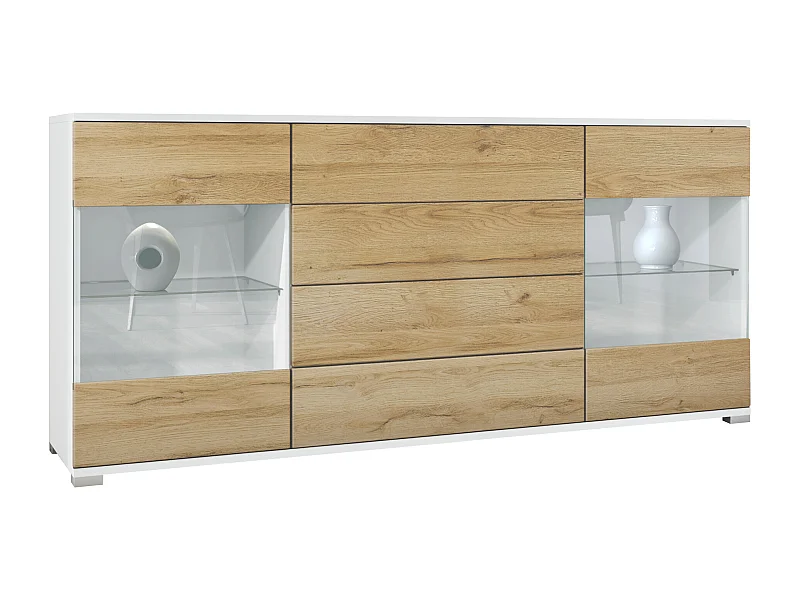 Buffet Bari V2 – Meuble avec 2 Grandes Portes et 4 Tiroirs, blanc mat/chêne nature (166,5 x 75,5 x 35)