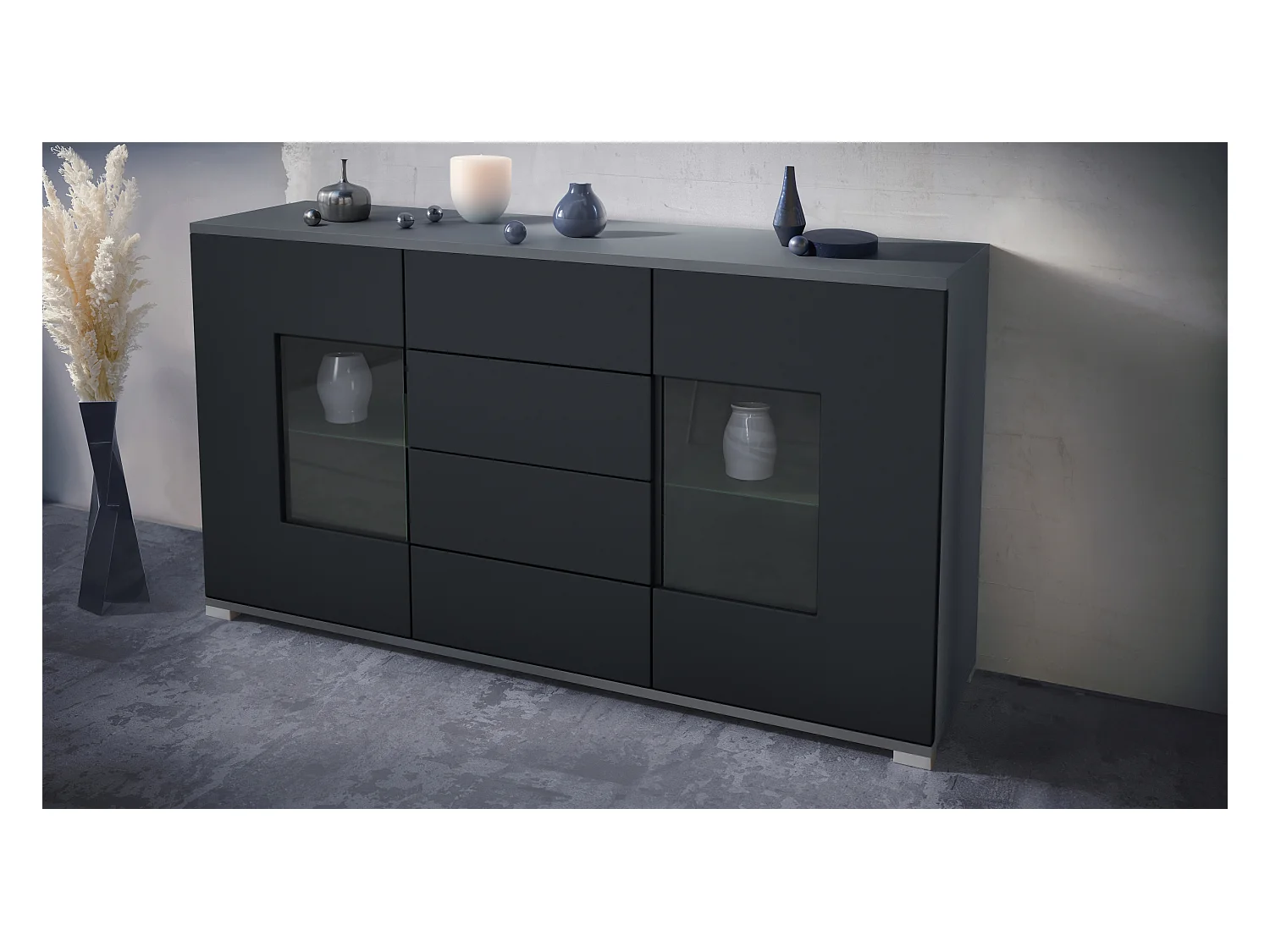 Buffet Grömitz V1 – Meuble avec 2 Grandes Portes et 4 Tiroirs, anthracite mat/noir mat (138,5 x 75,5 x 35)