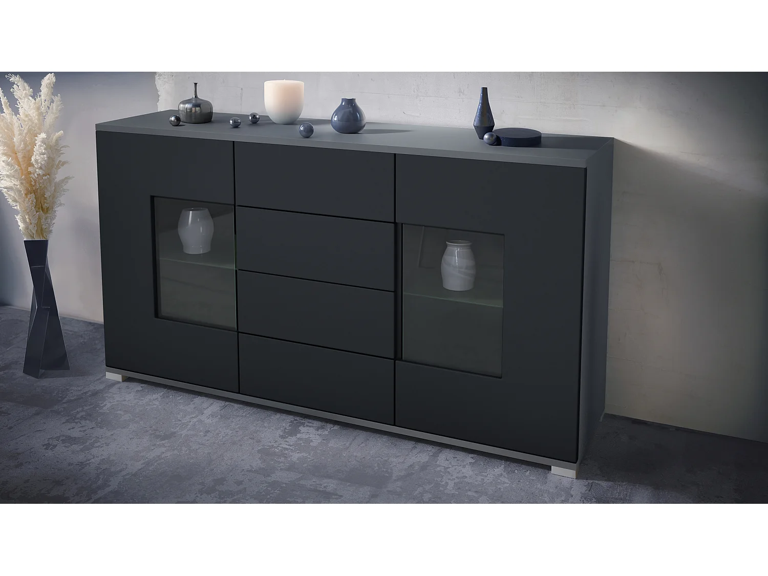 Buffet Grömitz V1 – Meuble avec 2 Grandes Portes et 4 Tiroirs, anthracite mat/noir mat (138,5 x 75,5 x 35)