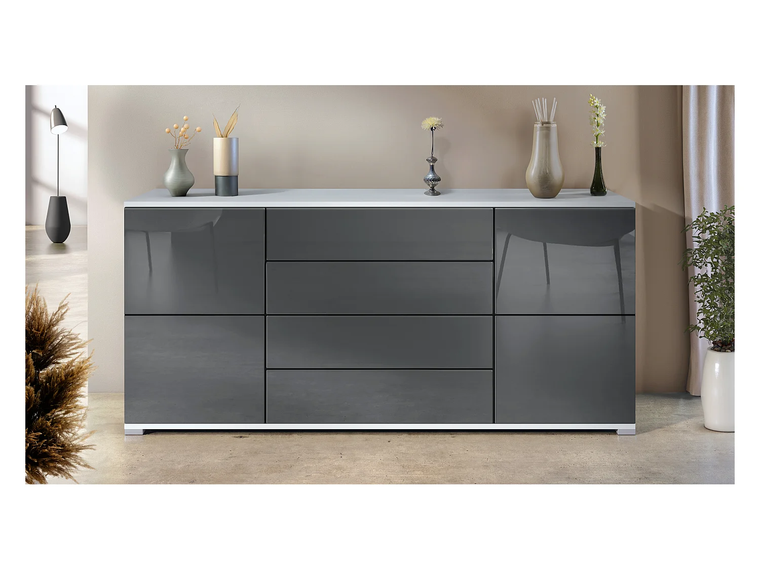 Buffet Rova V2 – Meuble avec 4 Portes et 4 Tiroirs, blanc mat/gris haute brillance (166,5 x 75,5 x 35)