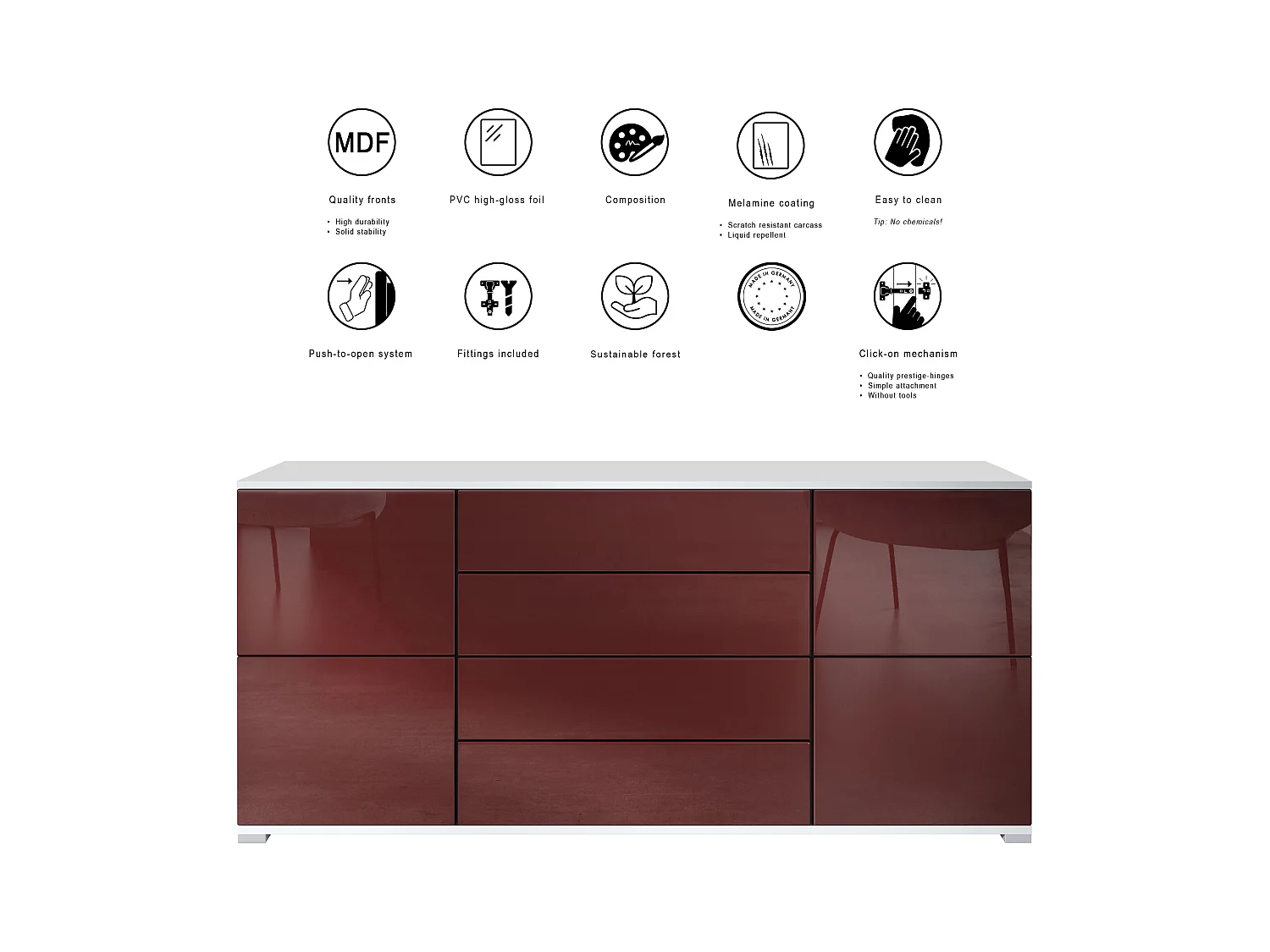 Buffet Rova V2 – Meuble avec 4 Portes et 4 Tiroirs, blanc mat/gris haute brillance (166,5 x 75,5 x 35)