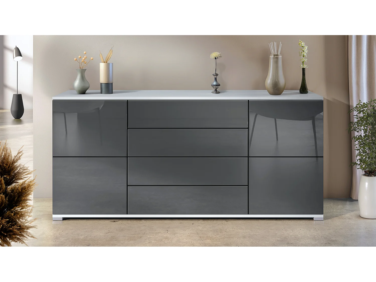 Buffet Rova V2 – Meuble avec 4 Portes et 4 Tiroirs, blanc mat/gris haute brillance (166,5 x 75,5 x 35)