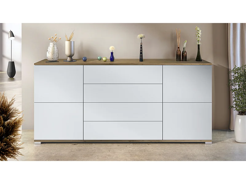 Credenza Rova V2 – Mobile con 4 Ante e 4 Cassetti, Quercia Evoca/bianco opaco (166,5 x 75,5 x 35)