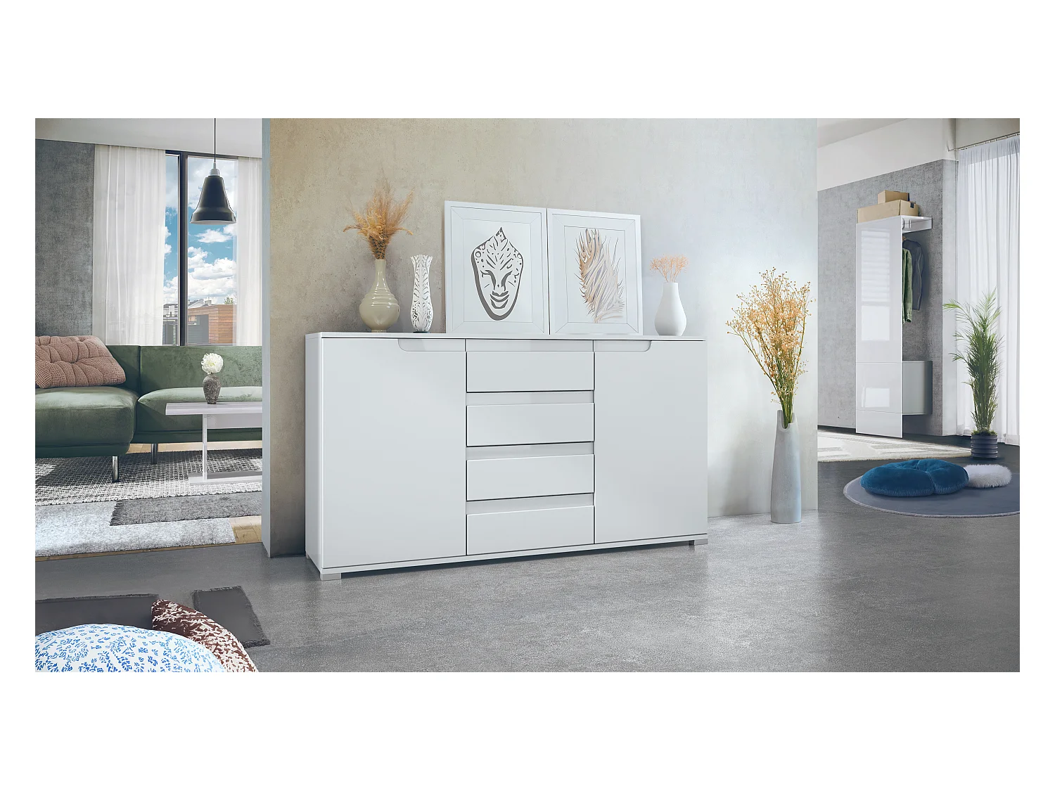 Buffet Dressoir Sylt, Corps en Noir mat / Façades en blanc mat avec un decor en blanc haute brillance (139 x 72 x 35)