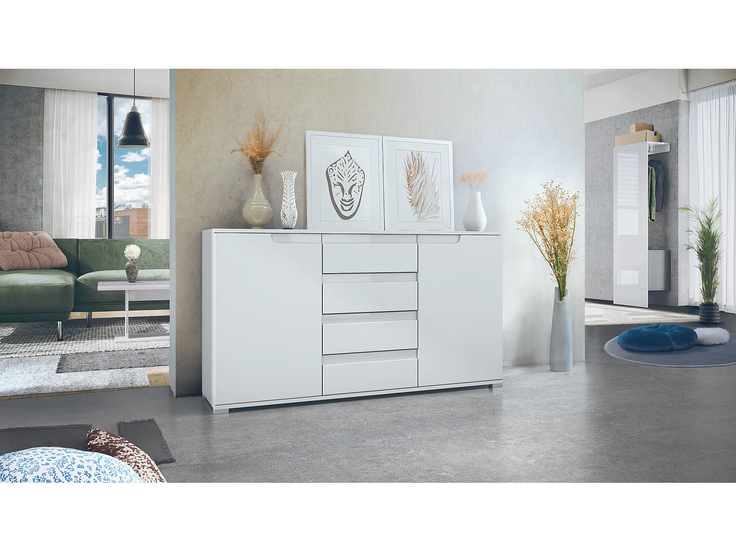 Buffet Dressoir Sylt, Corps en Noir mat / Façades en blanc mat avec un decor en blanc haute brillance (139 x 72 x 35)