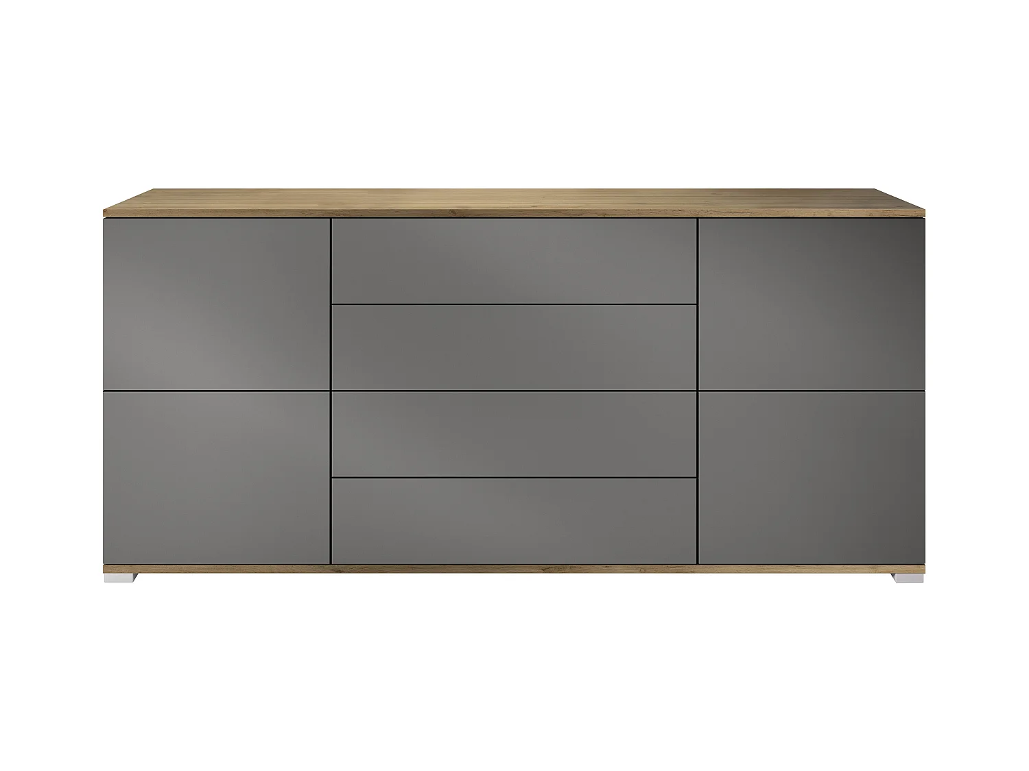 Buffet Rova V2 – Meuble avec 4 Portes et 4 Tiroirs, Chêne Evoke/anthracite mat (166,5 x 75,5 x 35)