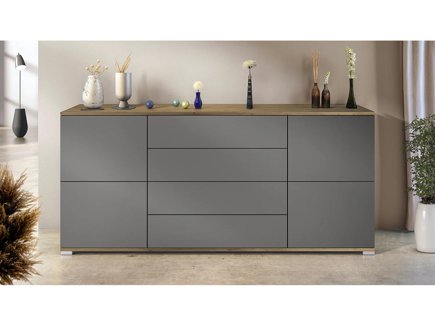 Buffet Rova V2 – Meuble avec 4 Portes et 4 Tiroirs, Chêne Evoke/anthracite mat (166,5 x 75,5 x 35)