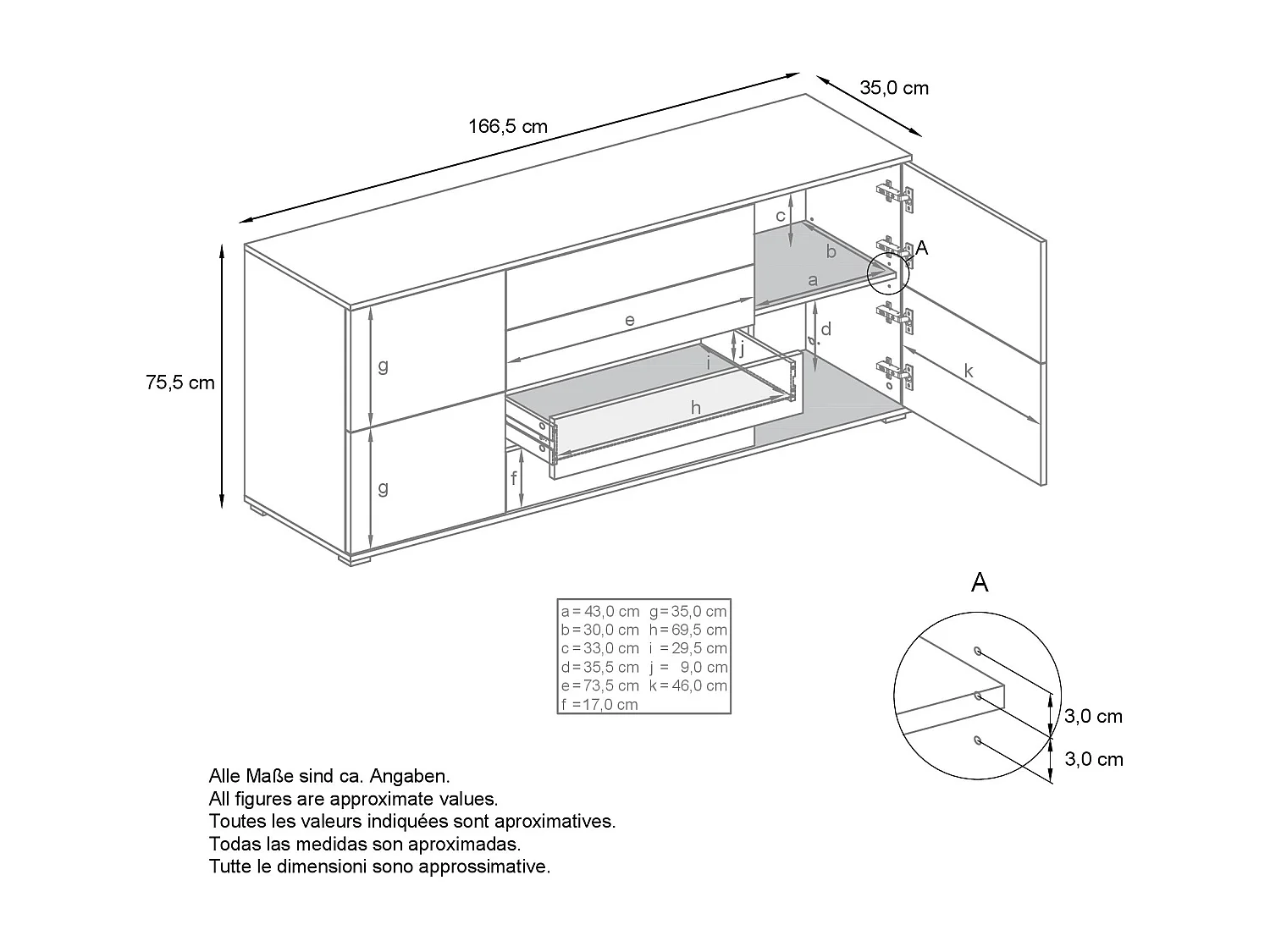 Buffet Rova V2 – Meuble avec 4 Portes et 4 Tiroirs, Chêne Evoke/anthracite mat (166,5 x 75,5 x 35)