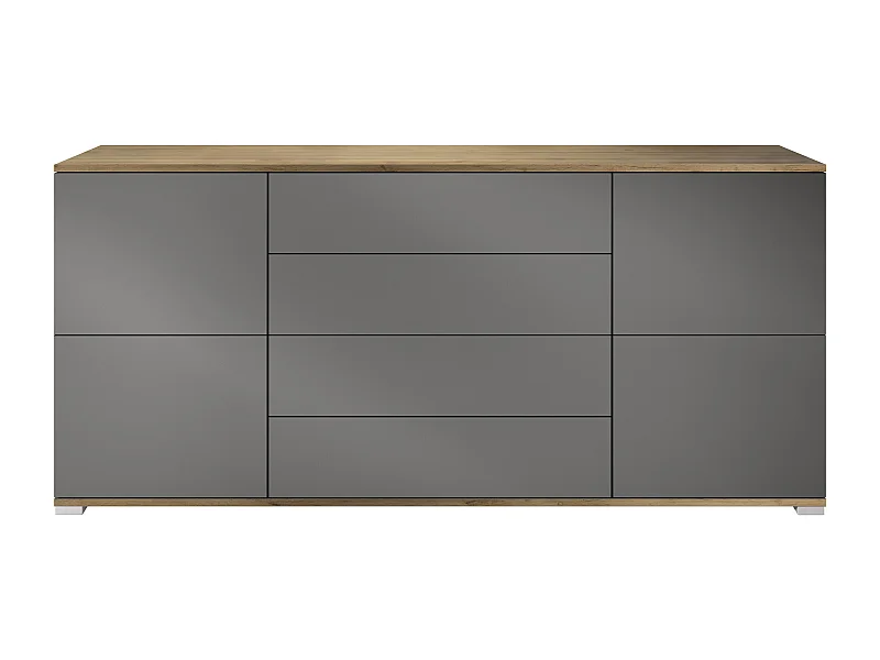 Buffet Rova V2 – Meuble avec 4 Portes et 4 Tiroirs, Chêne Evoke/anthracite mat (166,5 x 75,5 x 35)