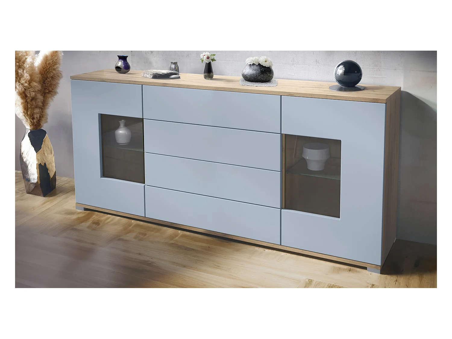 Buffet Grömitz V2 – Meuble avec 2 Grandes Portes et 4 Tiroirs, Chêne Evoke/denim mat (166,5 x 75,5 x 35)