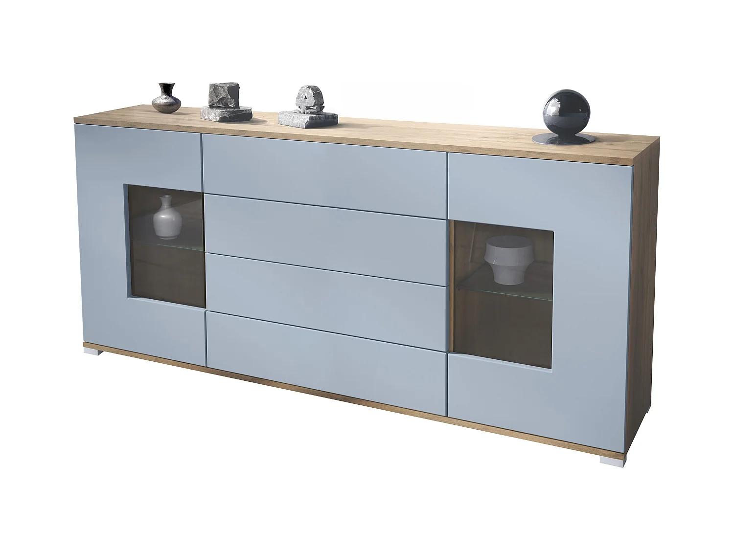 Buffet Grömitz V2 – Meuble avec 2 Grandes Portes et 4 Tiroirs, Chêne Evoke/denim mat (166,5 x 75,5 x 35)