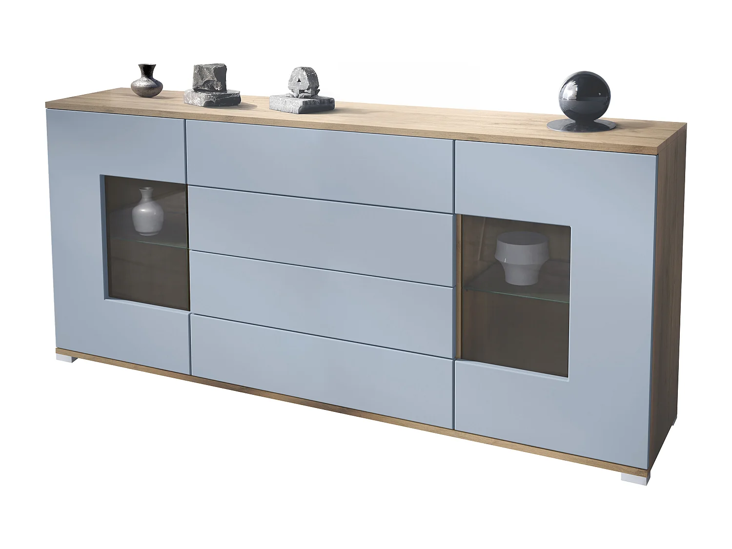 Buffet Grömitz V2 – Meuble avec 2 Grandes Portes et 4 Tiroirs, Chêne Evoke/denim mat (166,5 x 75,5 x 35)
