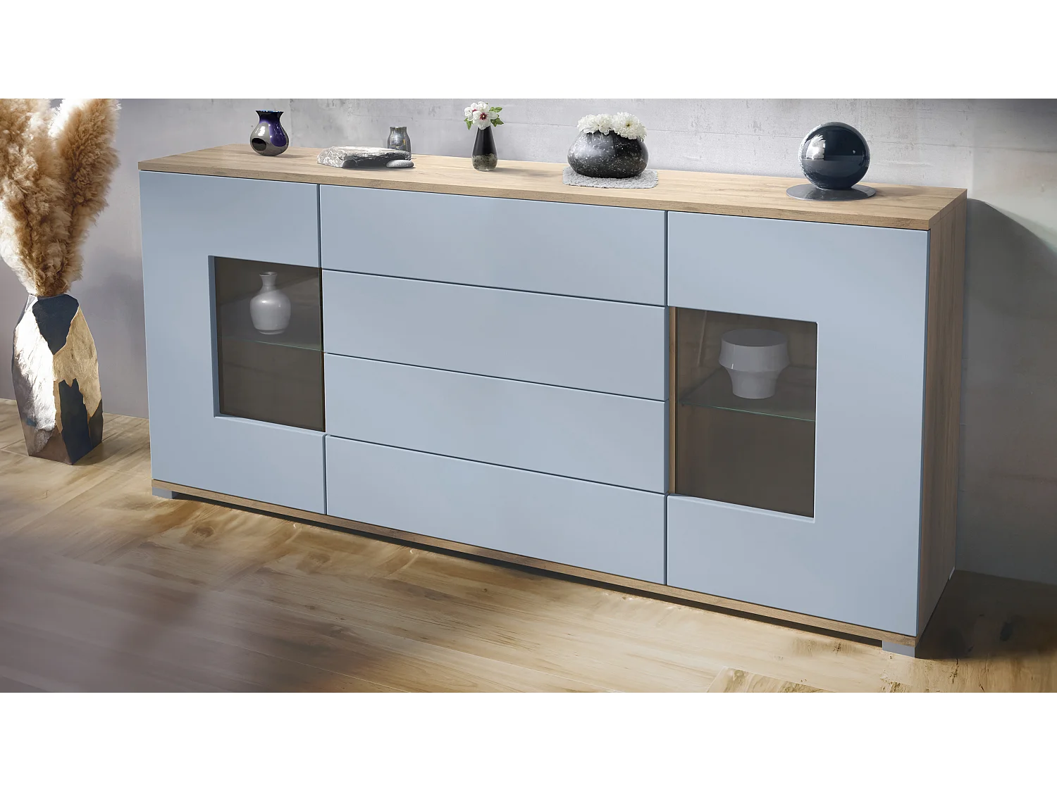 Buffet Grömitz V2 – Meuble avec 2 Grandes Portes et 4 Tiroirs, Chêne Evoke/denim mat (166,5 x 75,5 x 35)