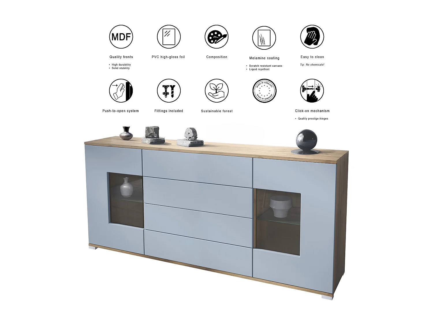 Buffet Grömitz V2 – Meuble avec 2 Grandes Portes et 4 Tiroirs, Chêne Evoke/denim mat (166,5 x 75,5 x 35)